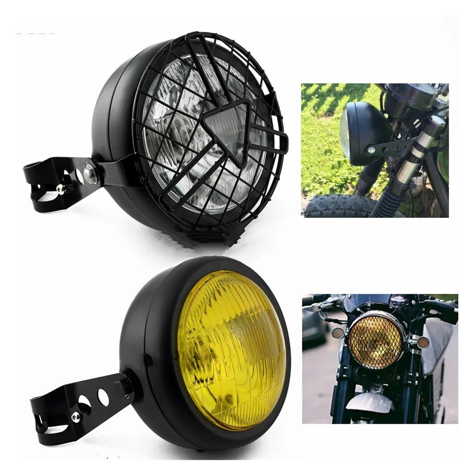 Gruppo Ottico Anteriore Moto Faro Anteriore Alogeno Da 35 W Con Griglia Metallica Retrò Per Moto Kit Maschera Staffa Faro(2)