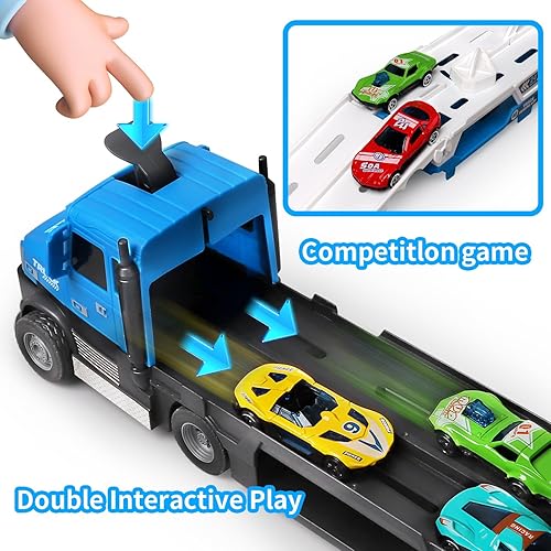 Miniatura 4 de Camión transportador de juguetes para niños, auto plegable de 4.6 pies de expulsión de pista y 6 autos de carreras de metal con luz y sonidos,