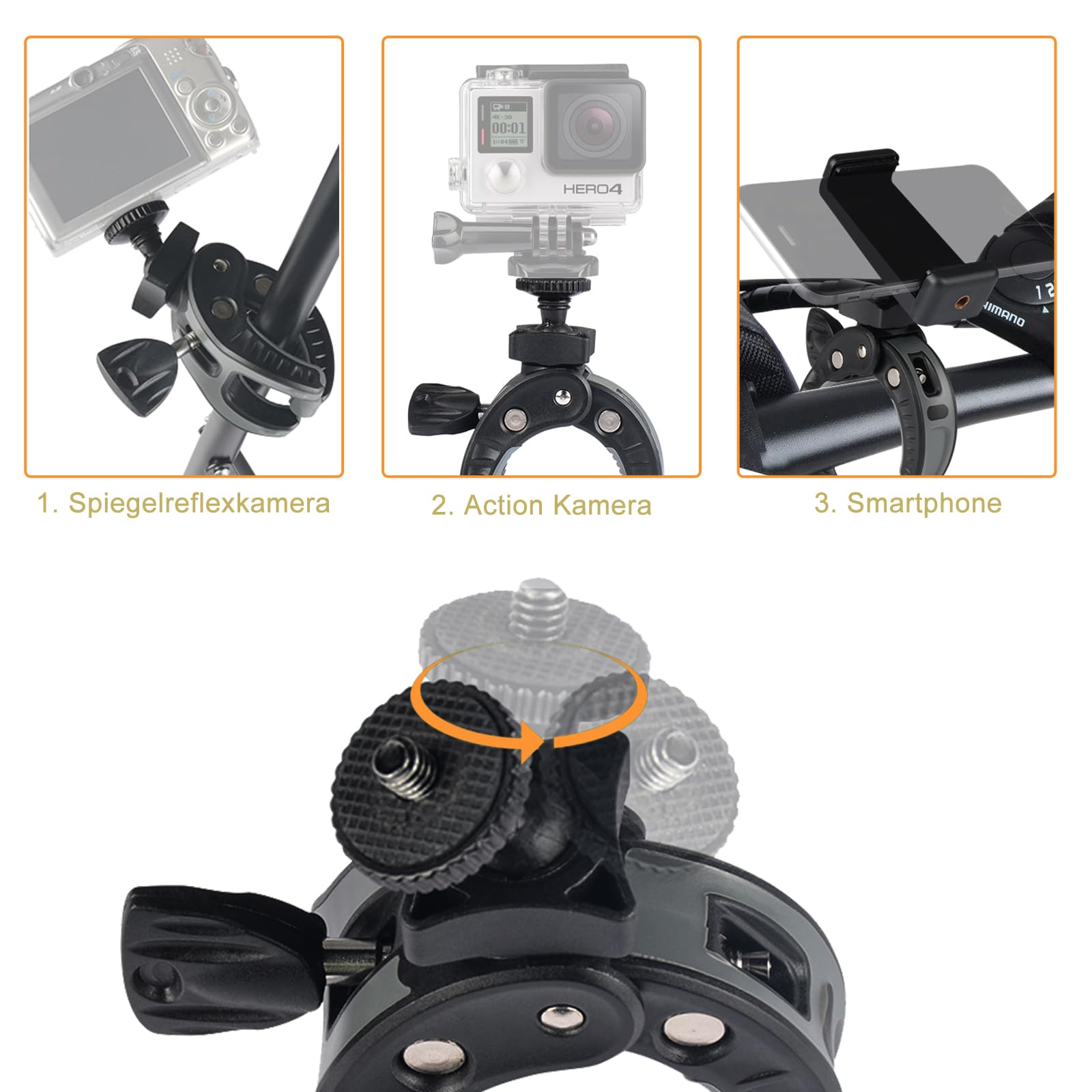 UTEBIT Uchwyt na aparat fotograficzny ze śrubami 1/4", obrót o 360 stopni, adapter rowerowy, kompatybilny z lustrzankami akcji
