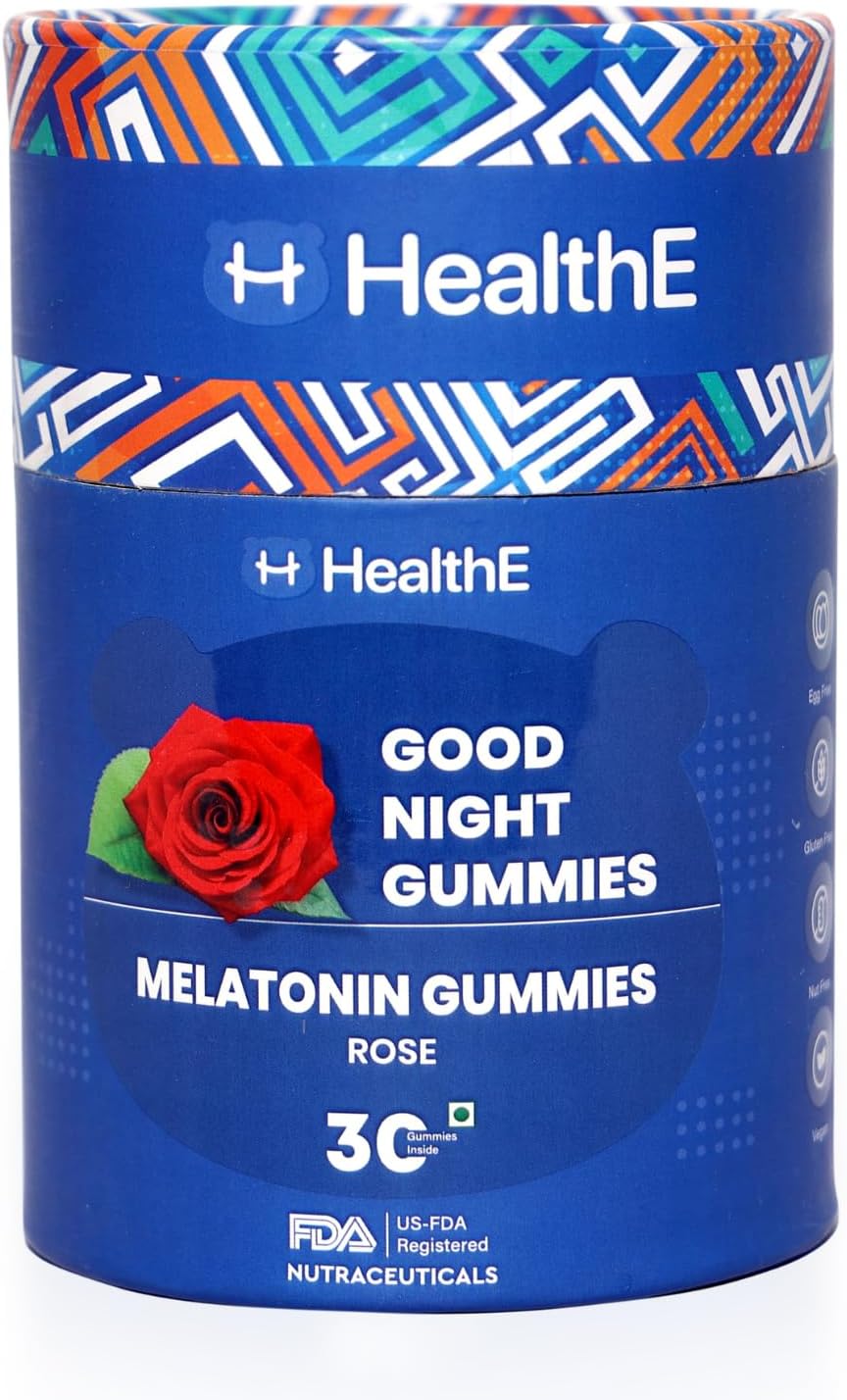HealthE Melatonin Good Night Sleep Gummies With Chamomile Extract, Vit B6 And D2 for Deep & Restful Sleep - Rose Flavour, 30 Gummy (Pack of 1)