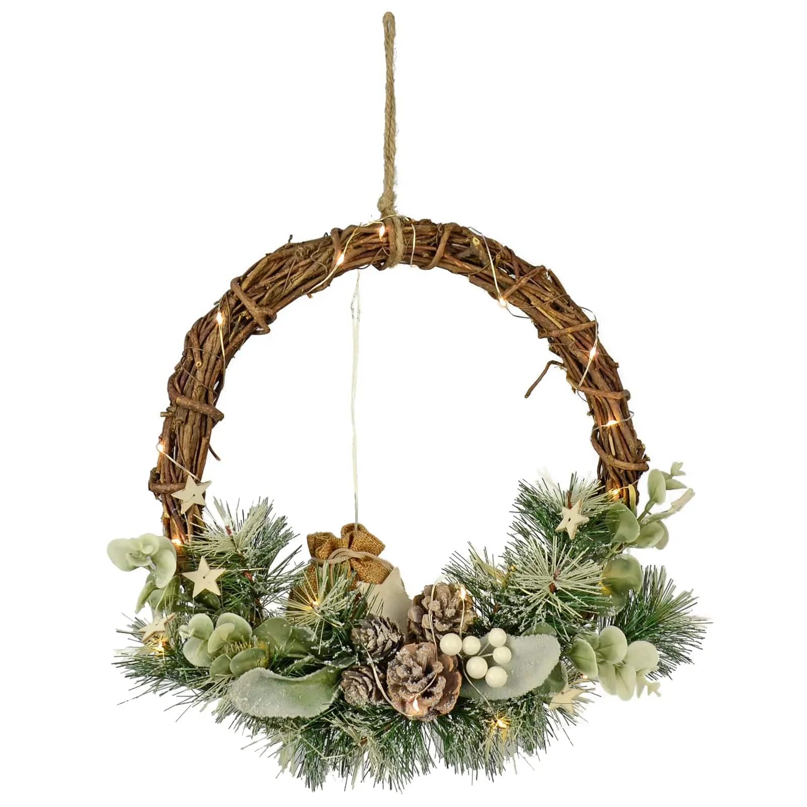 Light Up Christmas Half Wreath Rustic Rattan Twigs Stars Pine Cones Berries 33cm