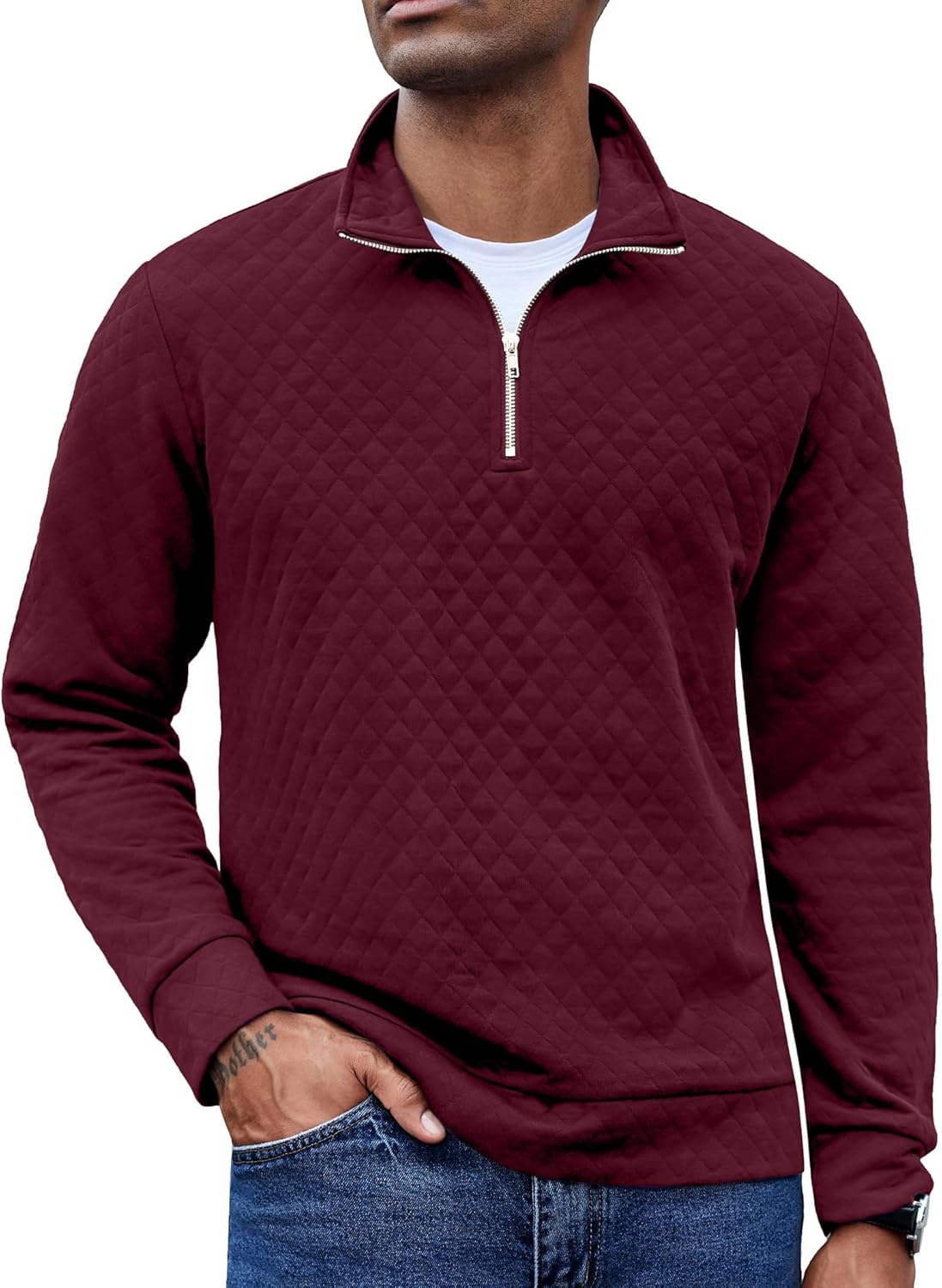 COOFANDY Men's Fashion Quarter Zip Pullover Long Sleeve Quilted Sweatshirt Plaid Jacquard Polo Mock Neck Sweaters Wine Red Large