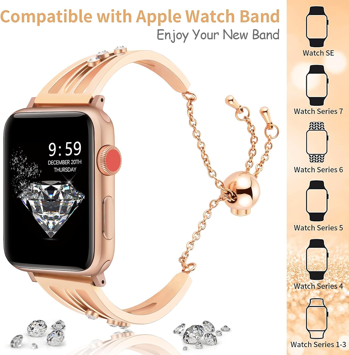 Compatible for Apple Watch Band 38mm 40mm 41mm 42mm 44mm 45mm , Women Girl Dressy Bling Diamond Metal Stainless Triangle Bracelet Strap for iWatch SE Series 7654321 (38mm 40mm 41mm,