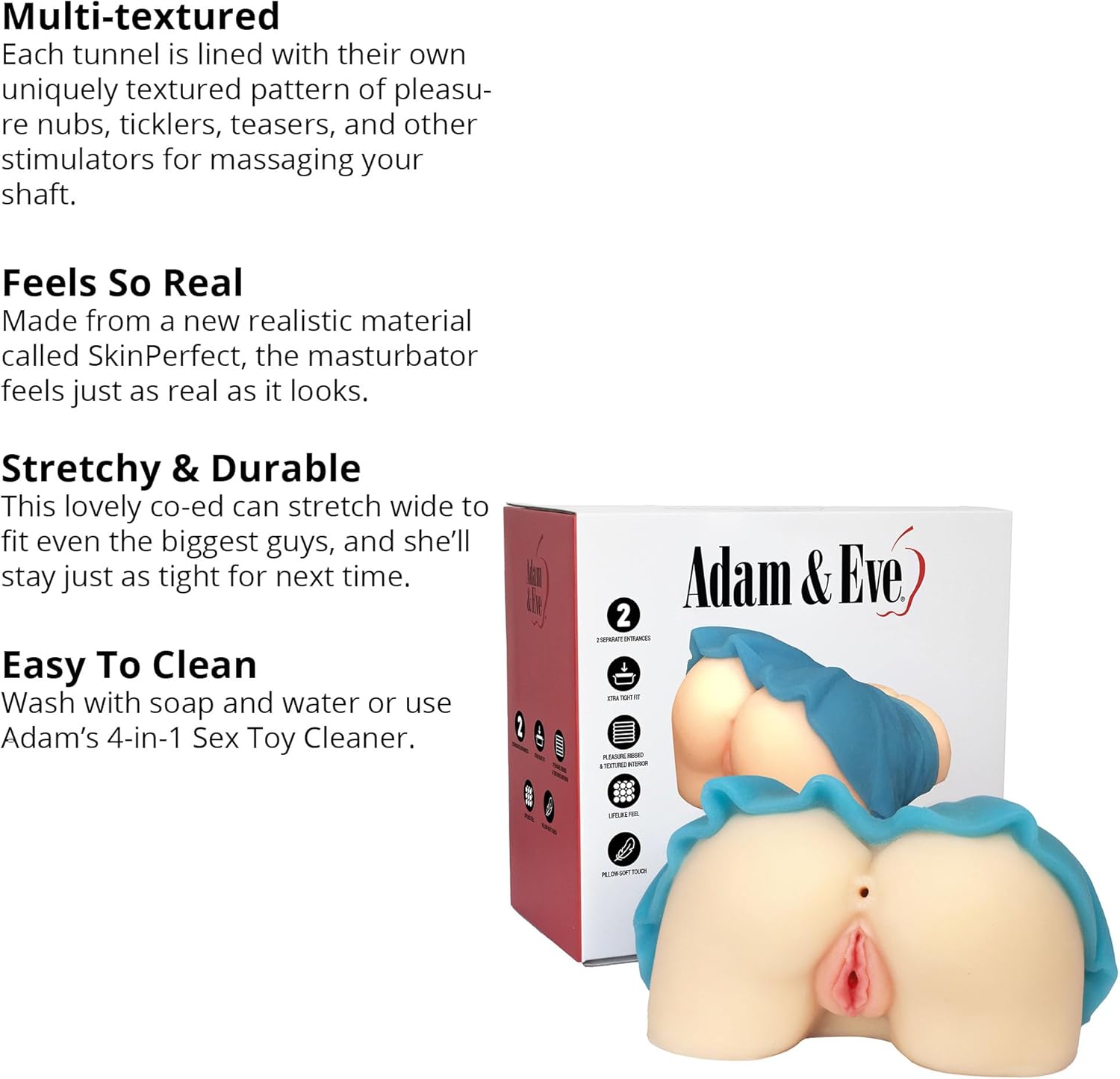 Adam & Eve College Coed Backdoor Booty, Ultra Realistic Male Masturbator with Soft SkinPerfect Material, Dual Entry Vaginal and Anal Tunnels, Tight Suction for Lifelike Sensation, 5 lbs, TPE