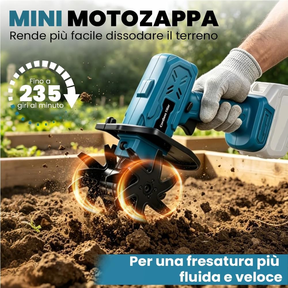 Motozappa Portatile 550W con Doppia Batteria 48V 400 Giri Coltivatore orto