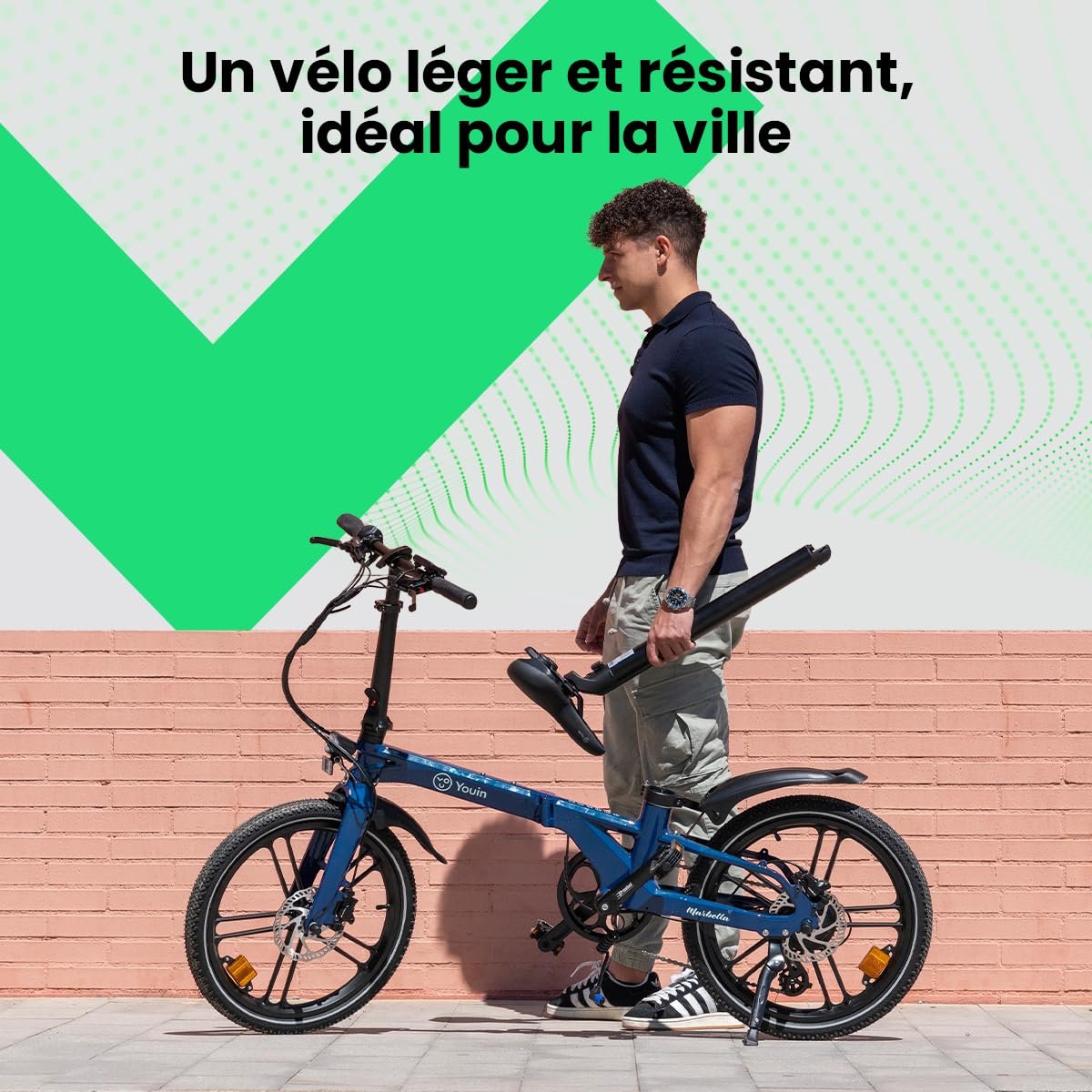 Youin Marbella Vélo électrique Pliant Urbain Bleu 20 Pouces Moteur 250W Batterie intégrée 36V autonomie 40 km Freins hydrauliques 7 Vitesses léger Compact.