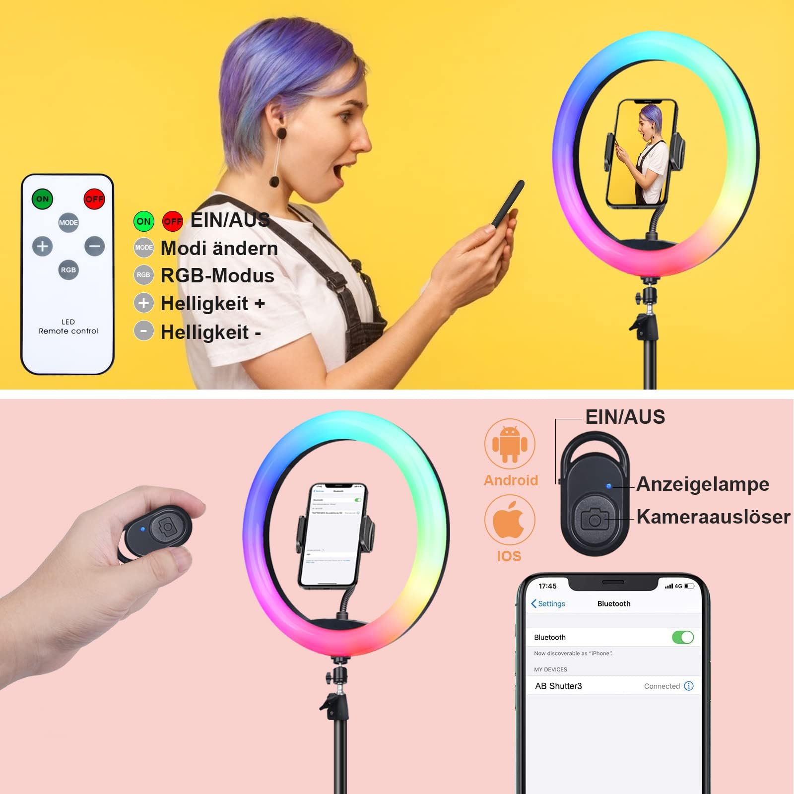 Herrfilk 13 Zoll Ringlicht mit Stativ, 1 Tablet-Clip und 2 Handyhalterungen, 3000-6000K,10 Helligkeiten, Musik modi, 100 RGB-Lichtmodi, LED Ringleuchte für Selfie,Tik Tok Vlog,YouTube, Facebook Video