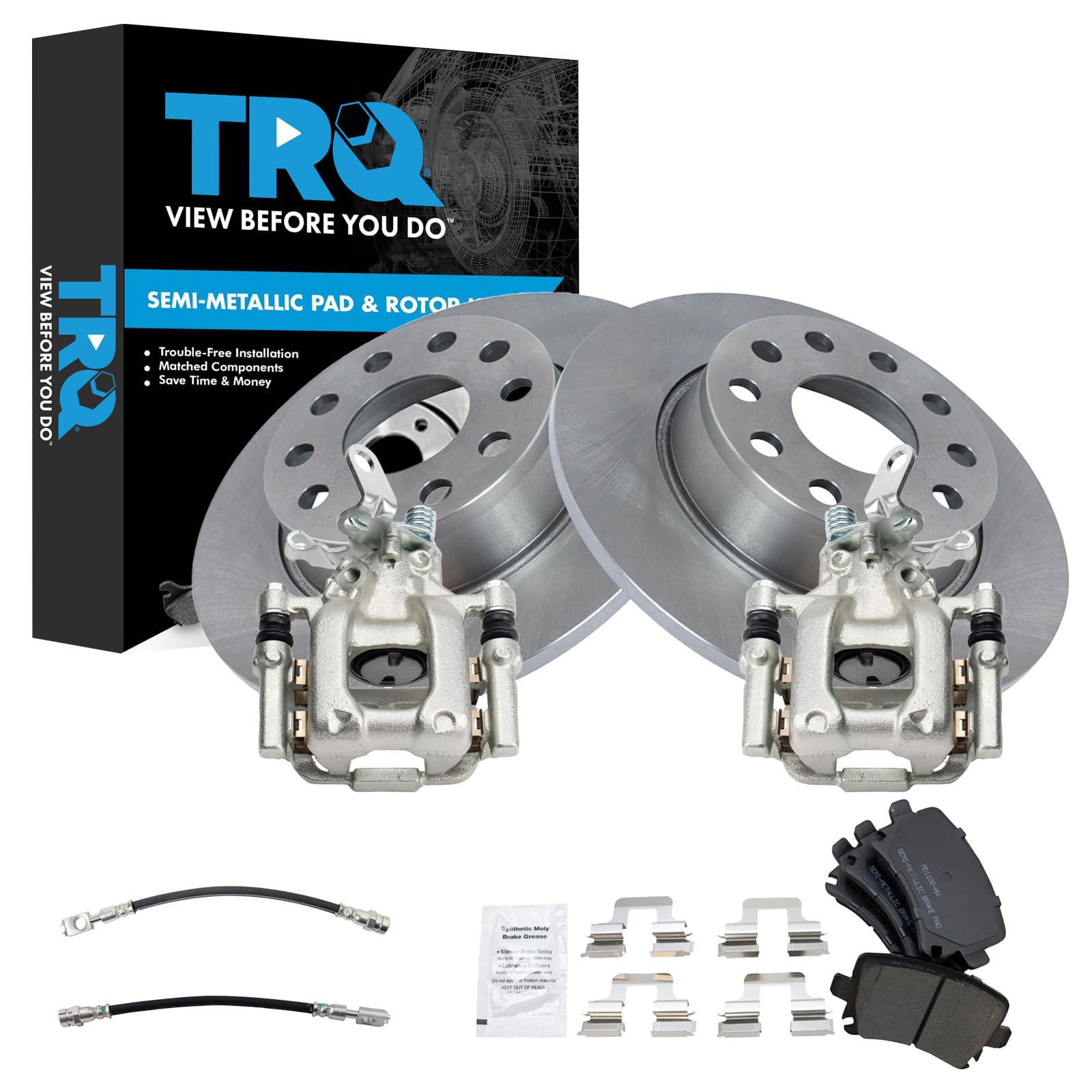 TRQ Rear Brake Pad and Rotor Set Semi Metallic Rotors Calipers Compatible with 2010 Audi A3 A3 Quattro Volkswagen Jetta