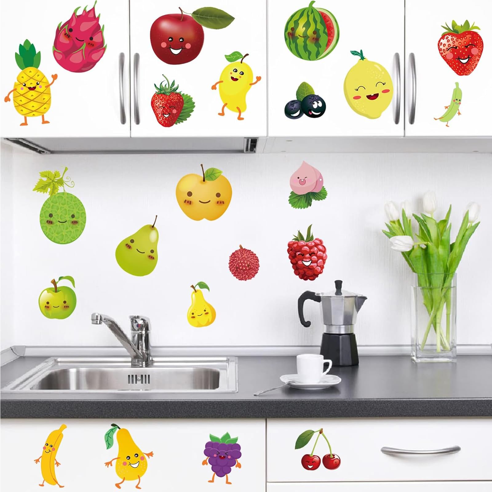 Cartoon Fruit Wall Sticker DIY Kitchen Green Fruit Apple Watermelon Pear Banana Decor Decorative Peel and Stick Glass Door Refrigerator Door Window Restaurant Wall Sticker Decals Art (fruit1)