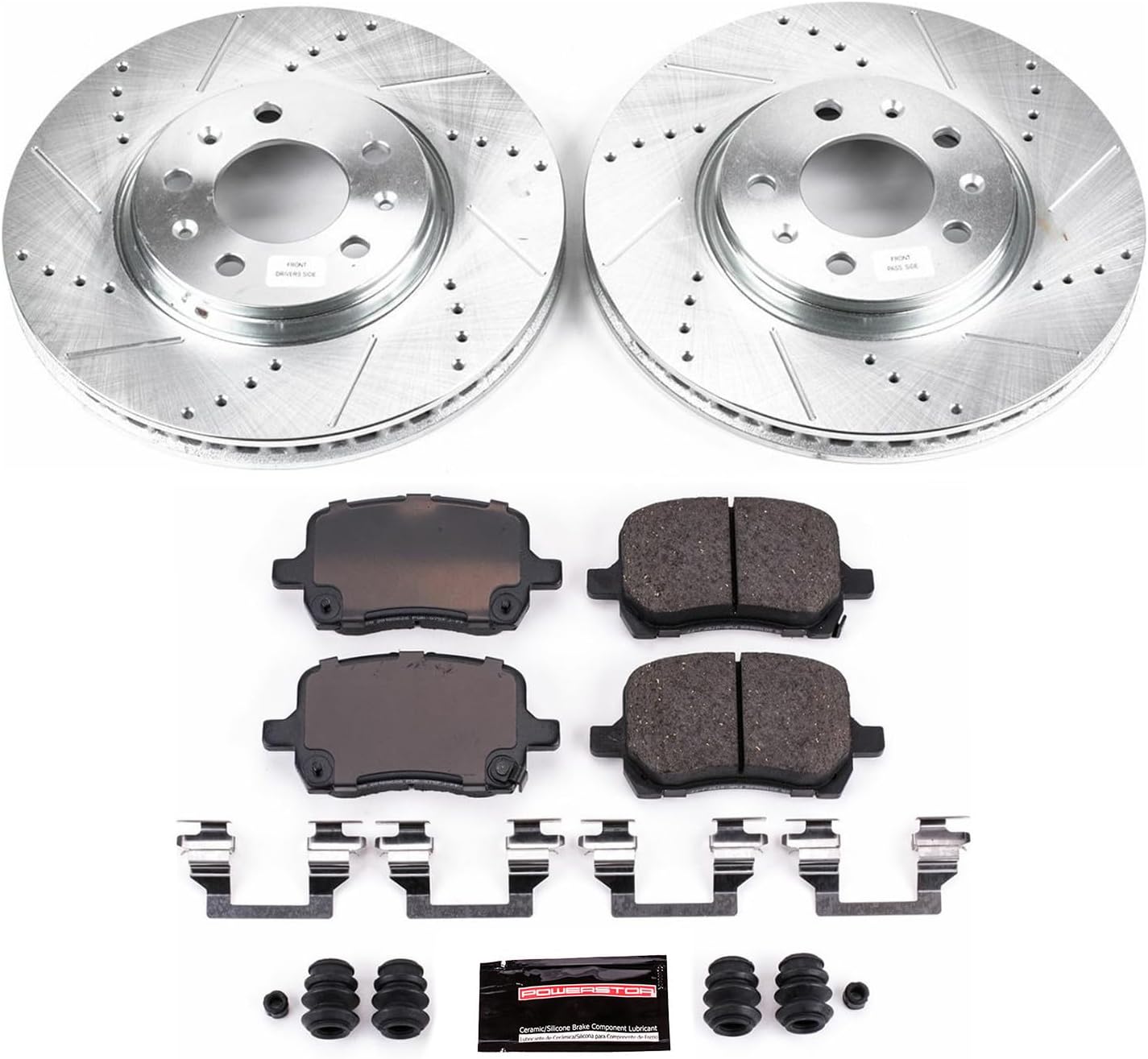 PowerStop Front Brake Kit For Pontiac Solstice 2006-09 | Saturn Sky 2007-10 - Drilled and Slotted Disc Rotors with Ceramic Brake Pads Replacement, K1433