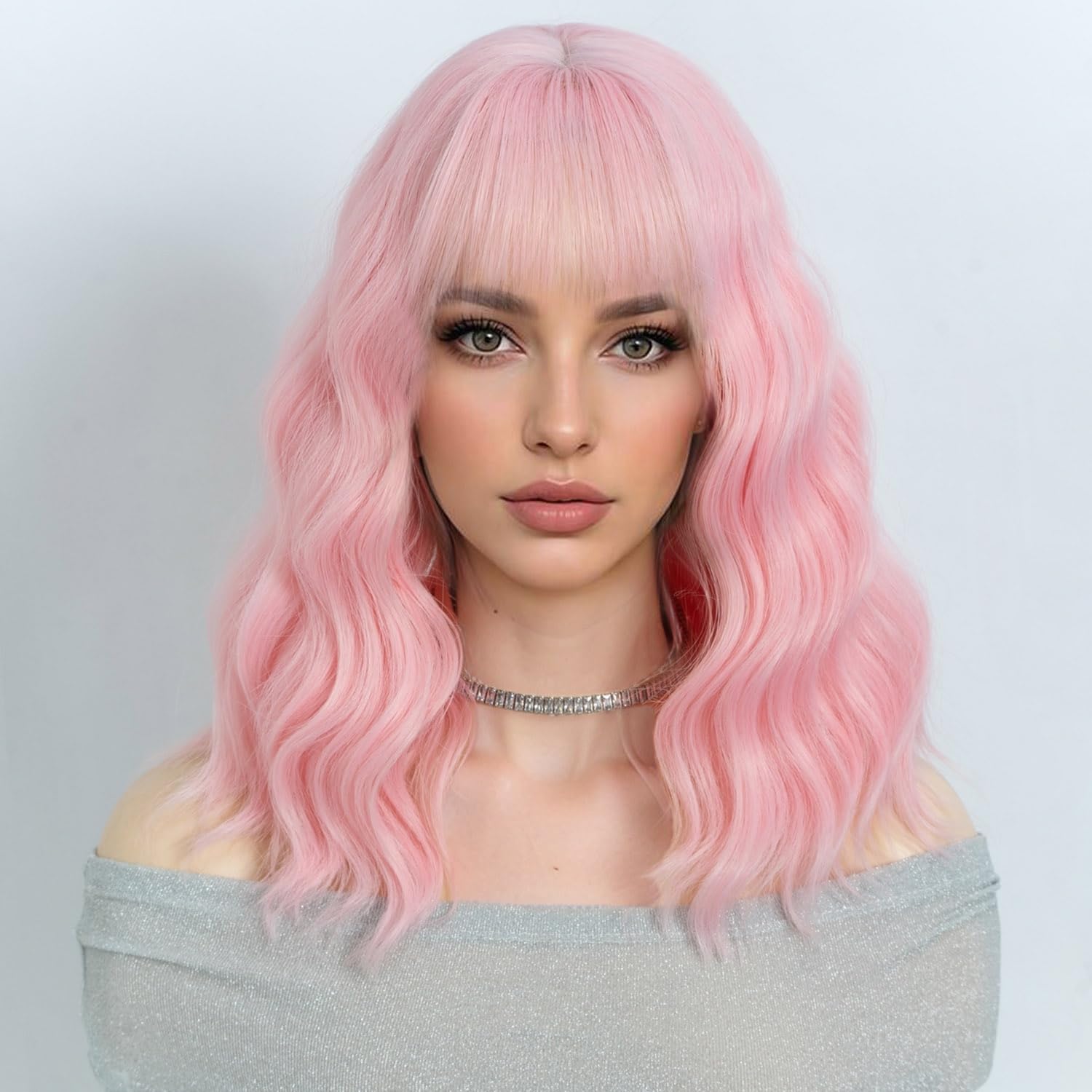 NOBLE Pink Wig Bob Wig with Bangs Short Loose Wavy Wigs for Women Shoulder Length Heat Resistant Synthetic Hair Bob Wavy Colored Wigs for Halloween Cosplay 12 Inches