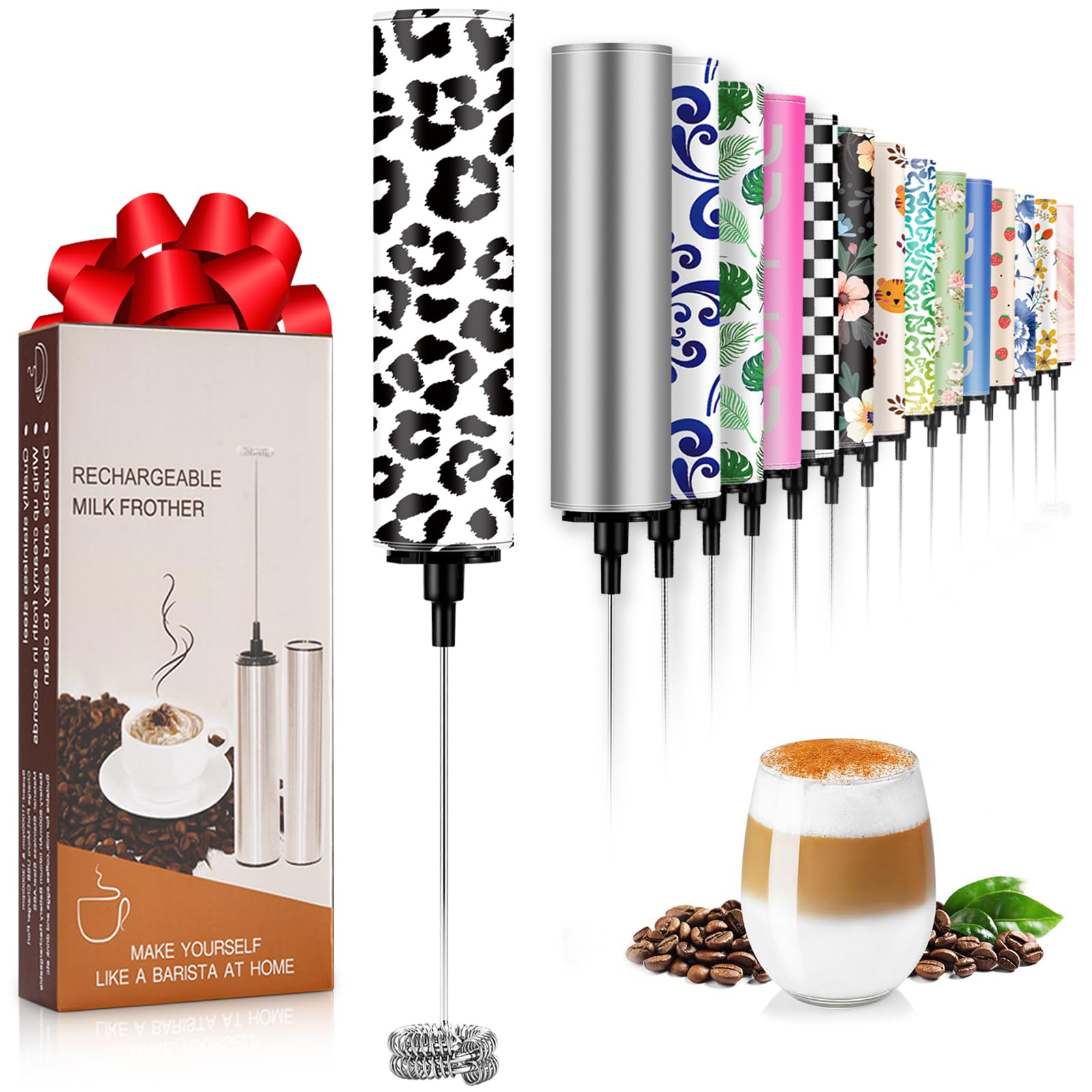 Milk Frother Handheld Rechargeable - 2-Speed Electric Whisk with 5 Detachable Heads (Frother/Mixer/Whisk) for Coffee, Latte, Cappuccino &amp; Matcha, Drink Mixer (Flower 17)