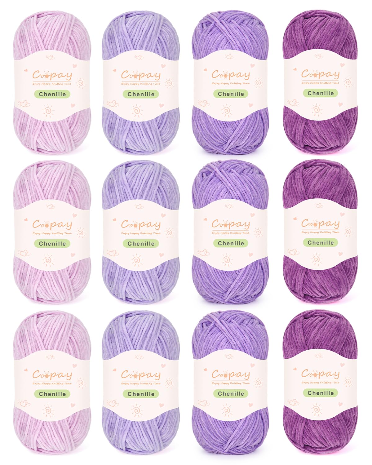 Coopay Chenille Yarn 600g(12×50g), Skinny Chenille Yarn for Crocheting and Knitting, Soft Velvet Thin Crochet Yarns Set for Knitting Blankets, Plush Dolls, Scarves, Socks & DIY Crafts, Purple — image 1
