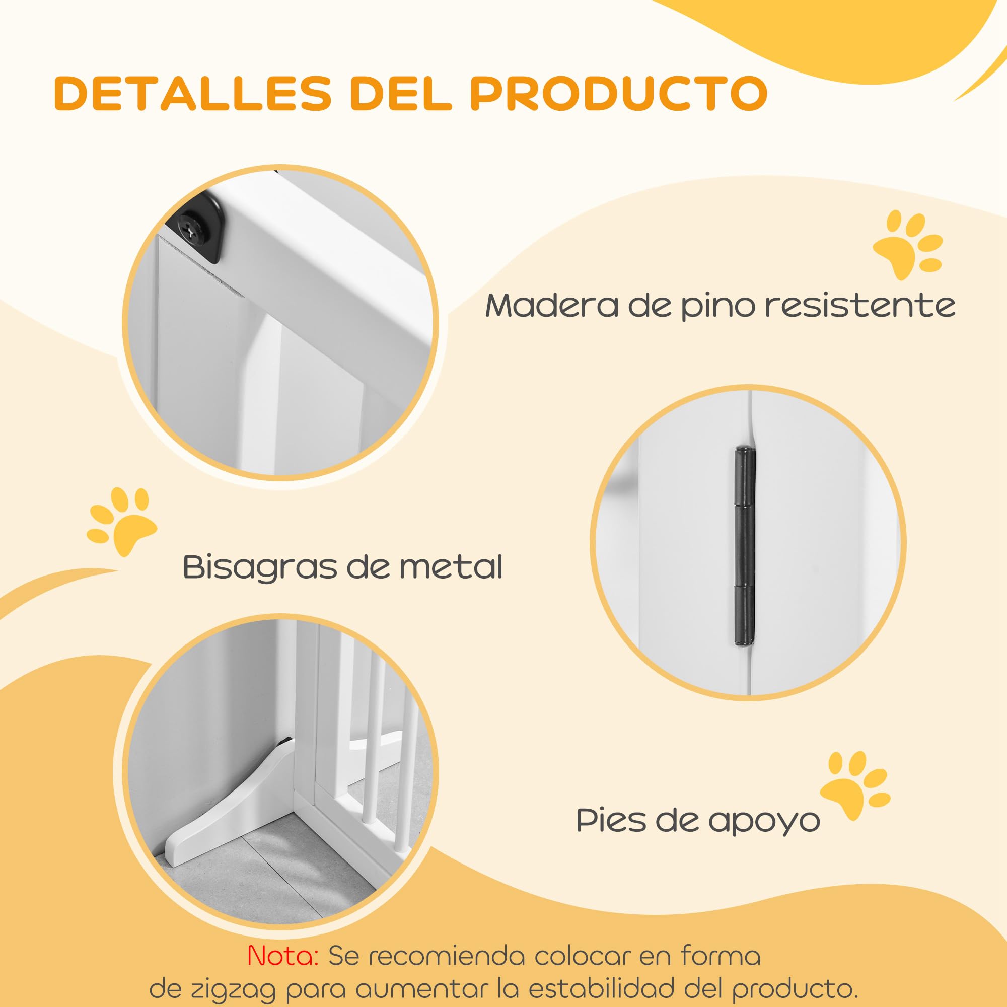 PawHut Barrera para Perros Extensible 3 Paneles 113-166x36x71 cm Blanco | Barrera de Seguridad para Perros, Longitud Ajustable, Marco de Madera, Soporte de Pie