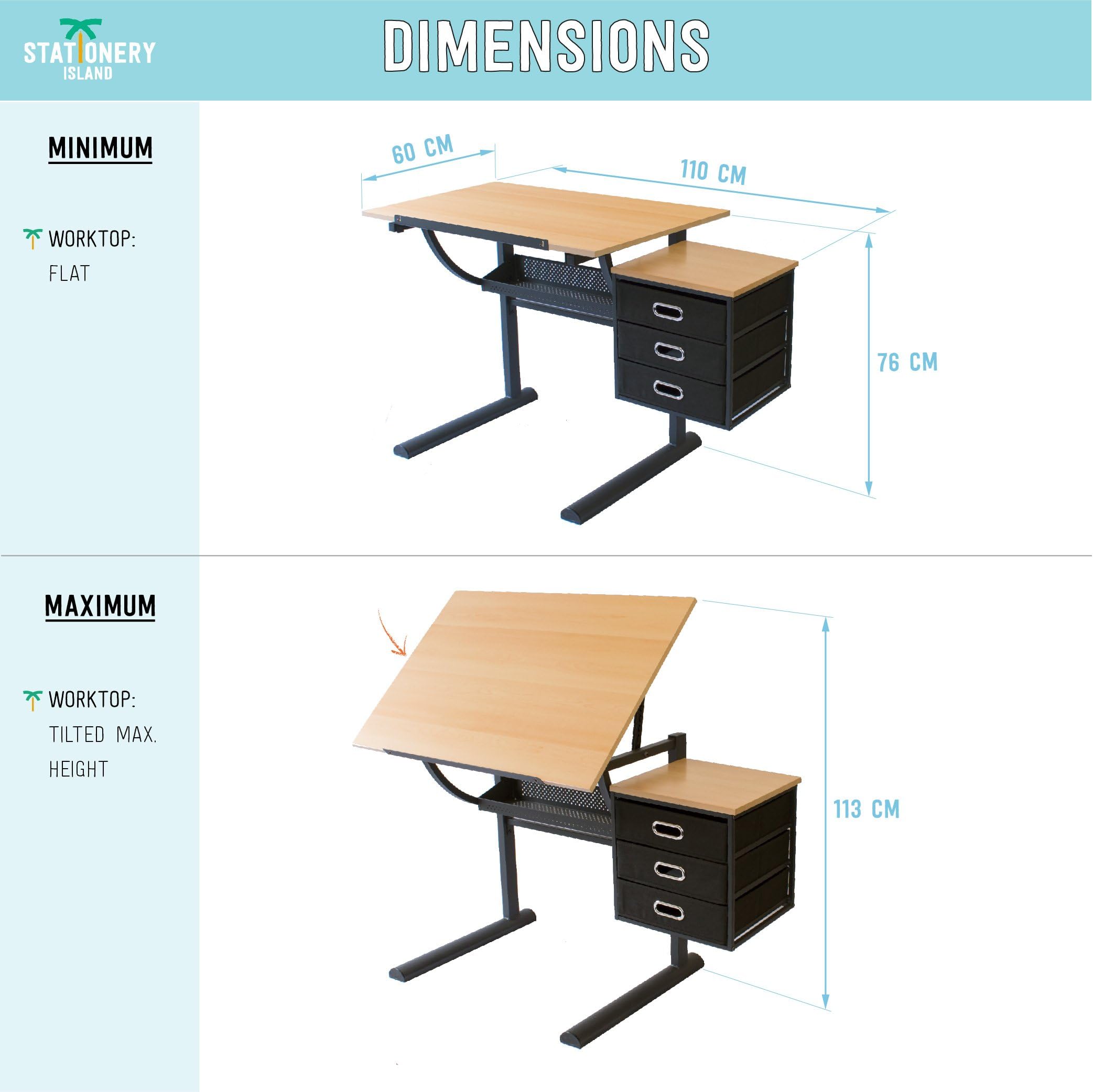 STATIONERY ISLAND Caye Table à Dessin pour l'art et l'Artisanat – Bureau à Dessin Inclinable avec Rangement, Tabouret et Pinces