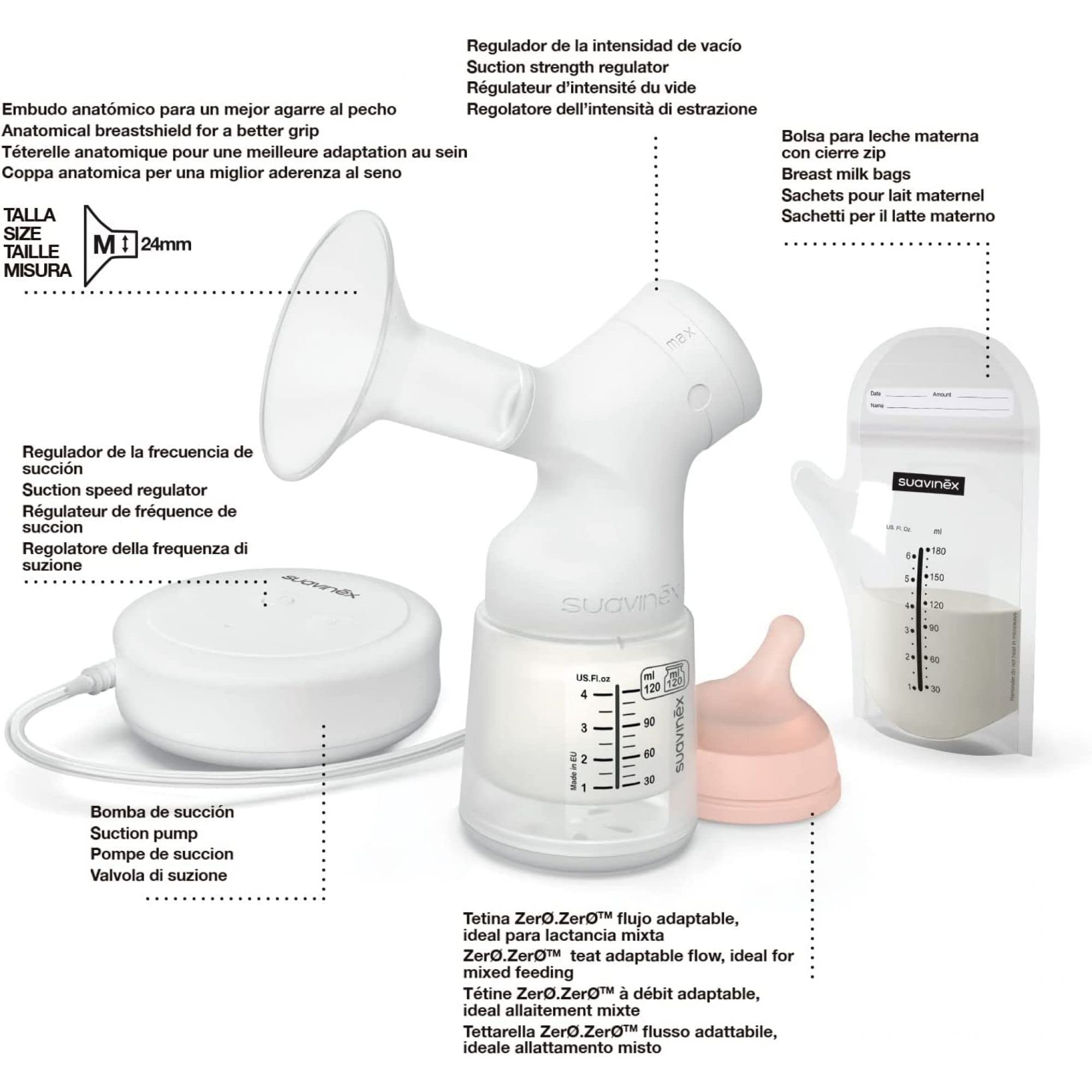 Tire-lait électrique avec biberon anti-colique Zerø.Zerø 120 ml - Suavinex