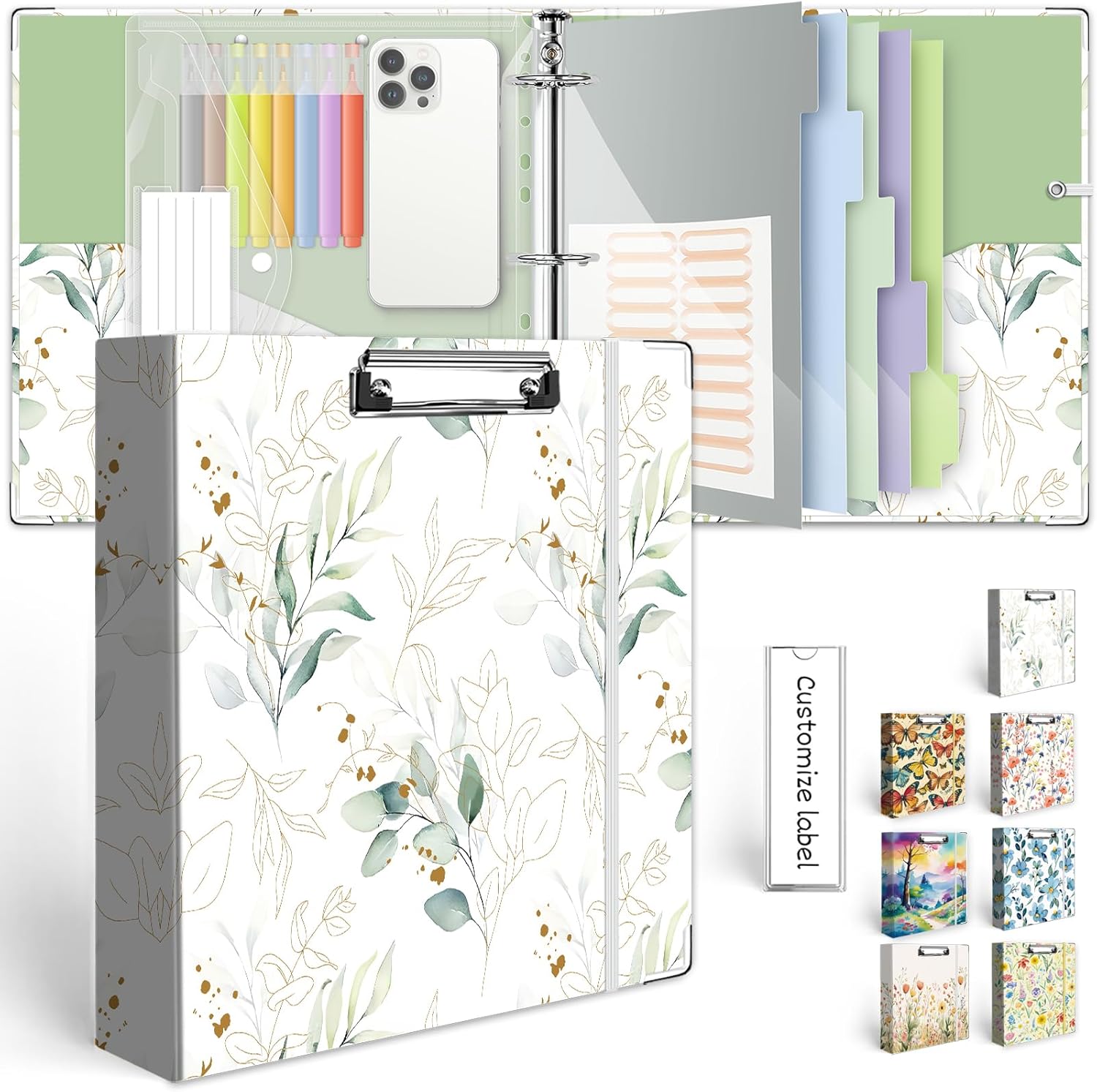 3 Ring Binder 2 Inch, Three Ring Binders Organizer with Clipboard, 5-Tabs Pockets Dividers, Plastic Folder, 18 Divider Stikers, KLLVE Cute Binder with Pen Loop (Leaves, Letter Size)