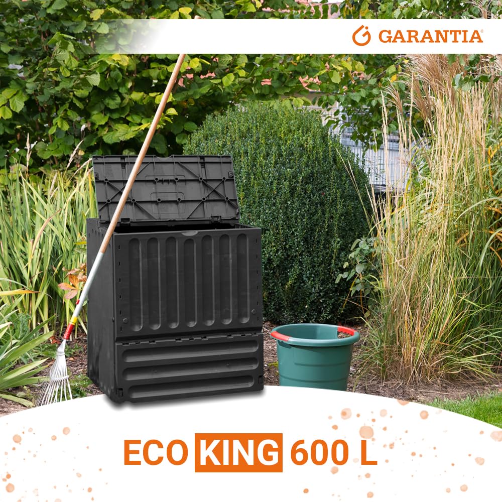 GARANTIA ECO-King Komposter 600 Liter schwarz - zum bequemen Befüllen im Garten - ohne Werkzeug schnell montierbar - mit praktischer Entnahme und windstabiler Deckelfixierung bei Witterung im Freien