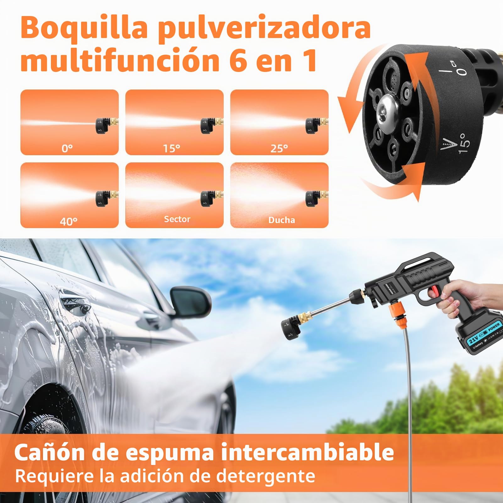 Hidrolimpiadora inalámbrica, hidrolimpiadora portátil inalámbrica de 21V 62Bar, hidrolimpiadora con 2 baterías, Boquilla multifunción 6 en 1, Manguera de 5 m, depósito con Filtro, para Coche y Patio