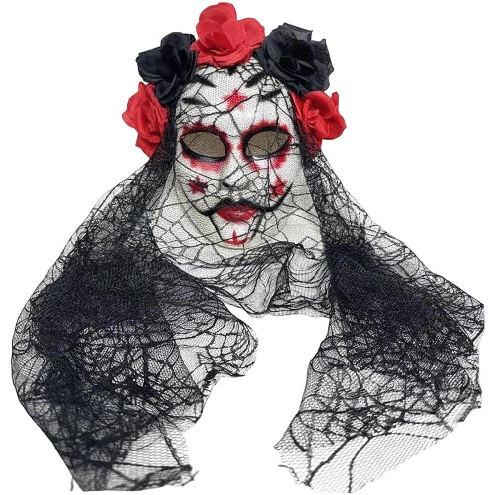 Day of the Dead Sugar Skull Mask with Veil Rose Flower Crown Mexican Mask for Halloween Cosplay Costume Accessory