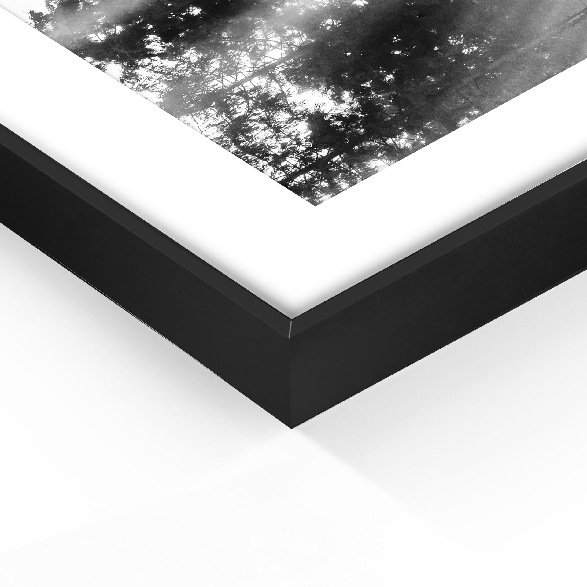 STYLER Rahmenbild Fog and Sun 50 x 70 cm | Artbox Die Schönheit der Natur in einem lichtdurchfluteten Wald schafft mit klassischer Farbgebung eine gemütliche Raumatmosphäre Wohnzimmer schwarzweiß
