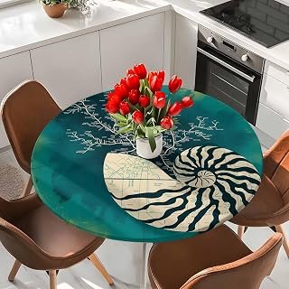 Round Fitted Tablecloth Abstract Ocean Conch Washable Waterproof Oil-Proof Elastic Table Covers for Picnic Camping Indoor Dining Table Protector City Route on Green Background Fits 45-54" Tables