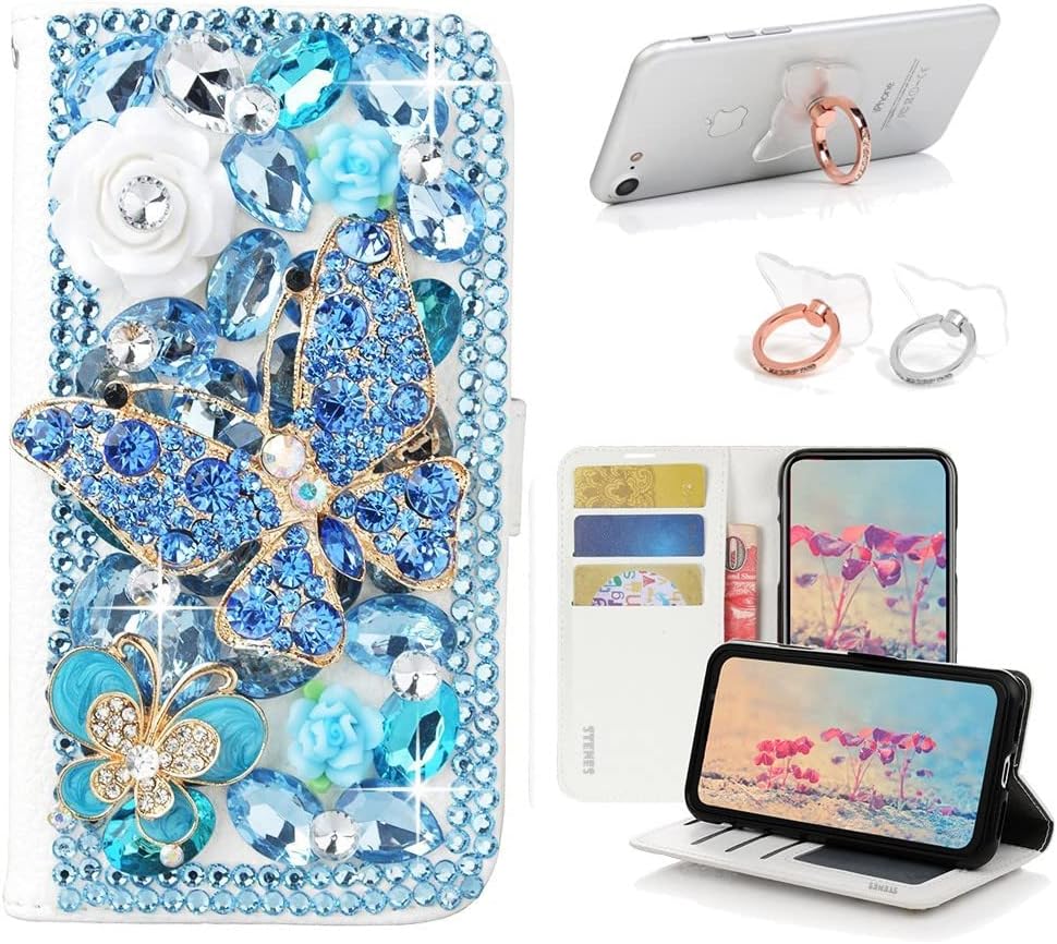 STENES Bling Wallet Case Compatible with Samsung Galaxy J7 (2018) - Stylish - 3D Handmade Dance Butterfly Rose Flowers Leather Cover with Ring Stand Holder [2 Pack] - Light Blue