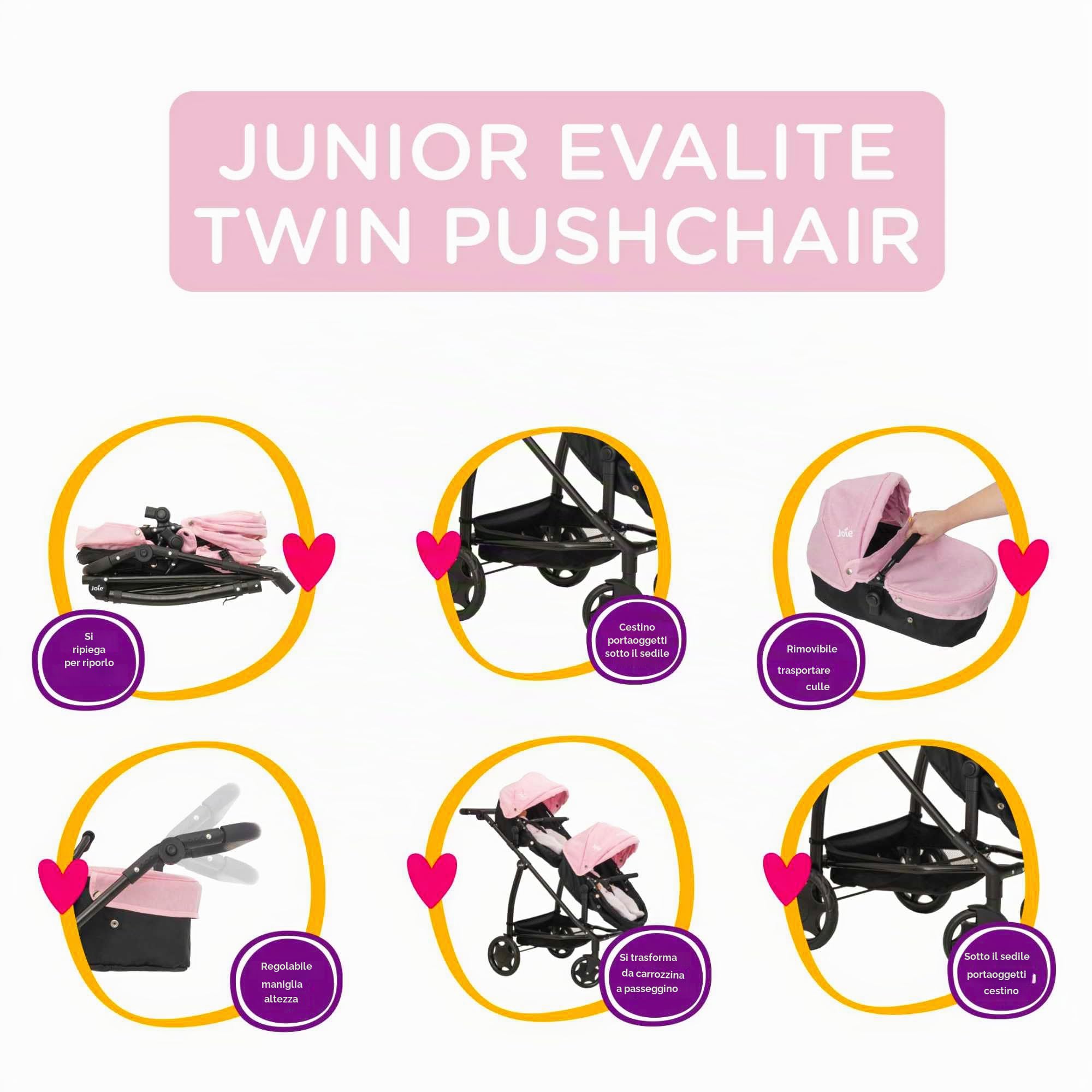 Joie Junior Evalite Twin Passeggino doppio rosa e nero, carrozzina doppia per bambole con maniglia regolabile in altezza e diverse opzioni di seduta, adatto per bambini dai 3 anni in su
