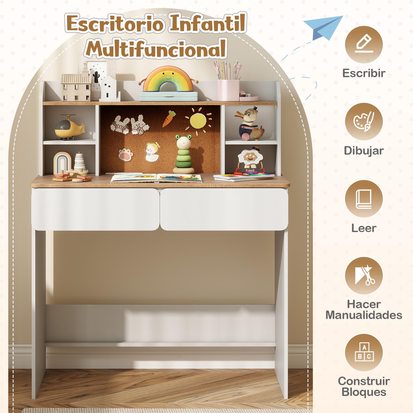 GOPLUS Escritorio Infantil con Estante, Mesa de Escritura con Tablero de Corcho y 2 Cajones, Estación de Carga y Estantes Ajustable en 5 Niveles, Escritorio Multifuncional para Estudiante de 8-12 Años