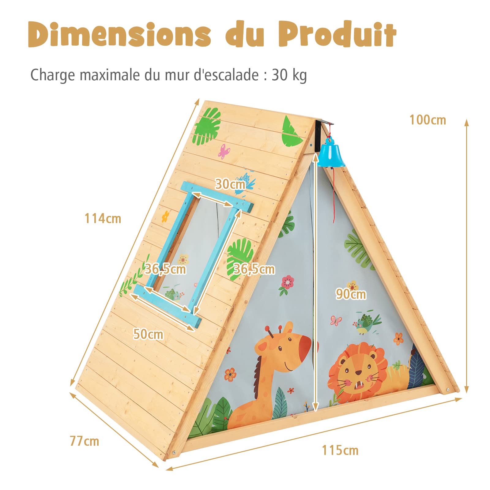 COSTWAY Cabane de Jardin Enfants avec Mur d'escalade, Maison de Jeu 2 en 1 avec Cloche en Bois de Sapin, Exterieur Intérieur, Charge 30KG, Adapté aux 2 Enfants de 3 à 8 Ans, Naturel