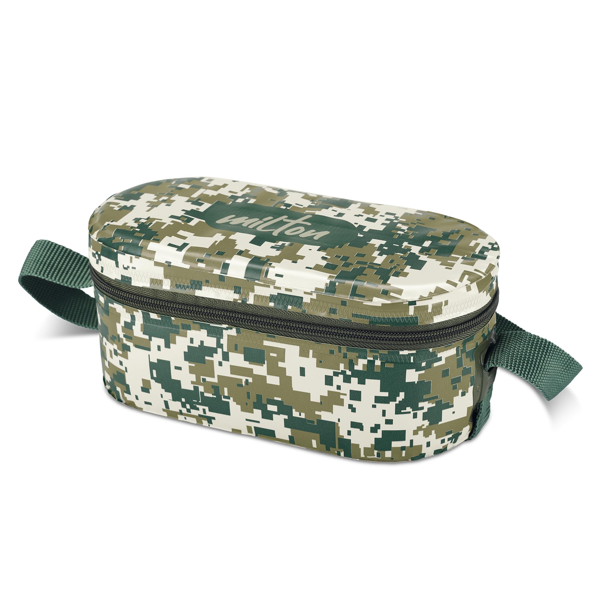 MILTON Executive Lunch Box, 2 Inner Steel Round Containers 280ml Each and 1 Microwave Safe Oval Plastic Container, 450ml with Insulated Bag, Office Tiffin, Leak-Proof, Easy to Carry, Army Green