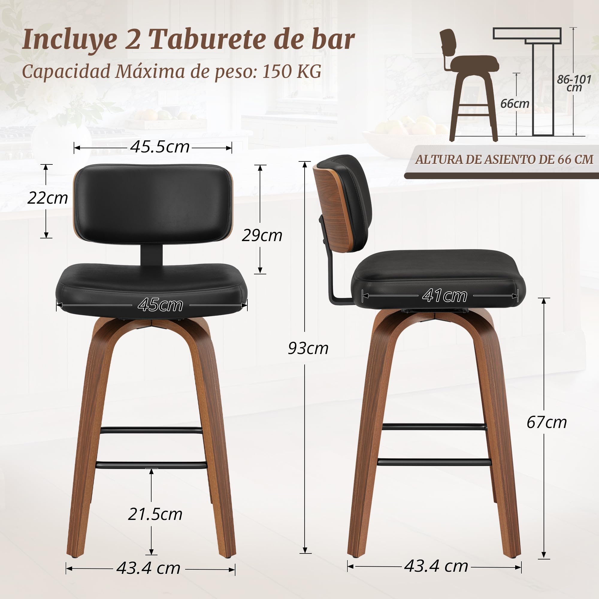 LUE BONA Juego de 2 Taburetes Altos de Cocina Madera,360°Giratorio 66cm Taburete de Bar con Reposapiés y Respaldo,Estructura de Madera Taburetes Cocina,para Cocina,Salón,Comedor,Bar,Negro