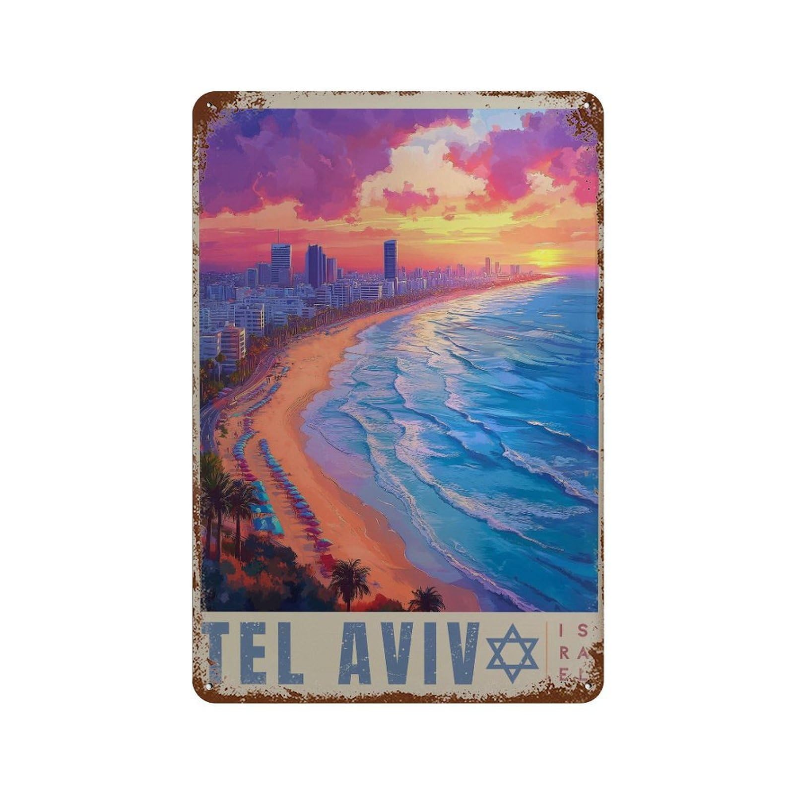 xiaoxiaoshen Mediterranean Tel Aviv Wall Decor Art Metal Tin Poster Modern Home Decor Art Home Bar Shop Decorations Vintage Sign 30x20cm