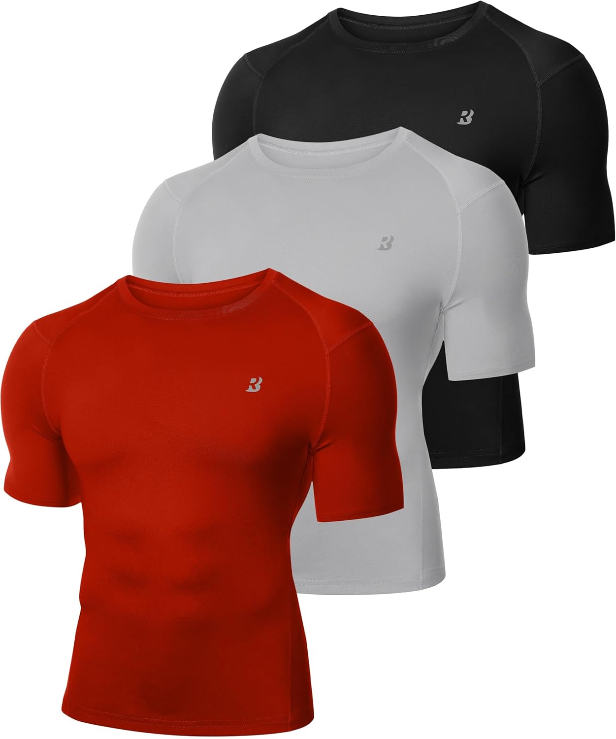 Roadbox 3 Pack Mens Compression Shirt Short Sleeve, Athletic Football Running Base Layer Cool Dry T Shirts for Sports Workout