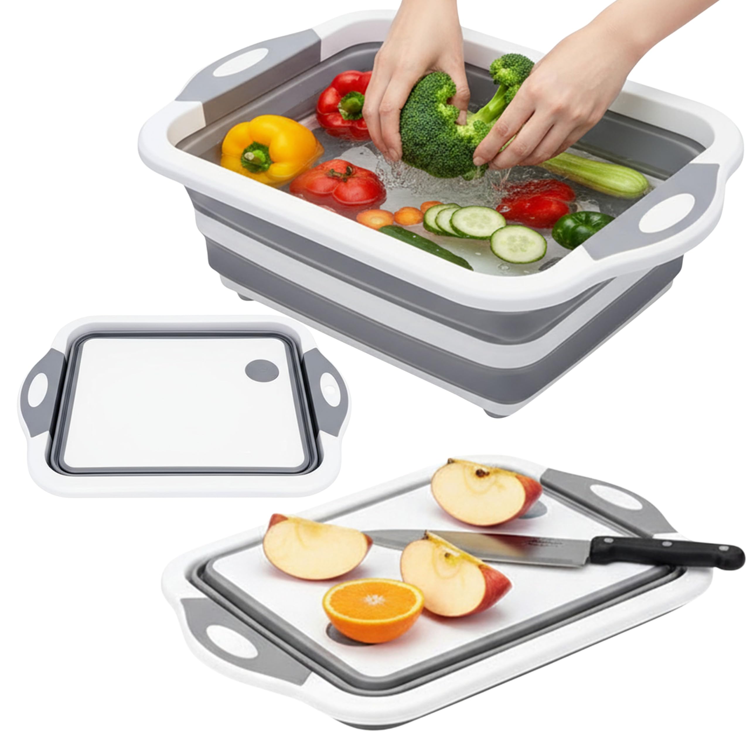 Collapsible Washing Up Bowl with Integrated Chopping Board – 3 in 1 Foldable Vegetable Basket, Basin Tub with Drain, Silicone Cutting Board & Multifunctional Dish Tub for Kitchen and Camping, Grey
