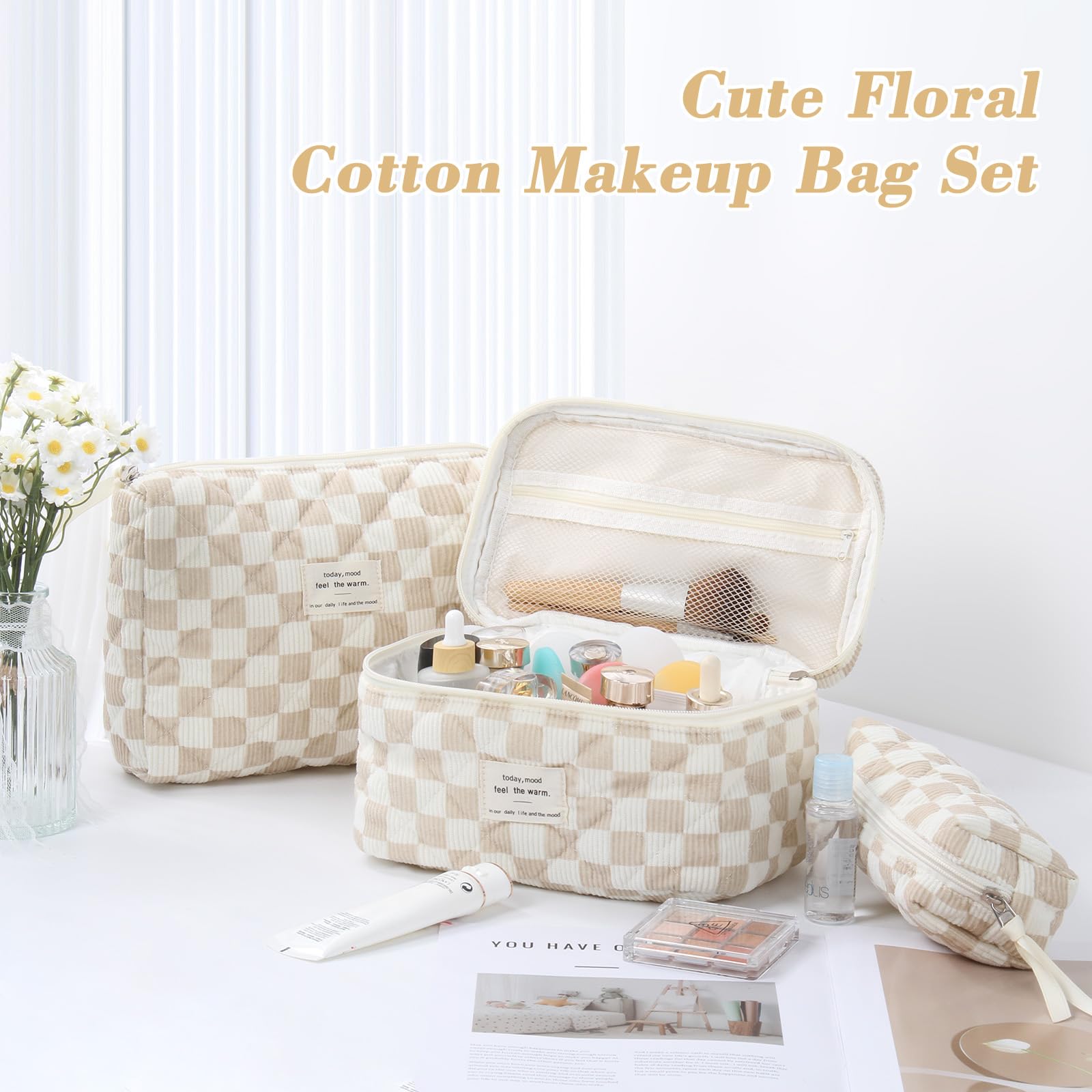 BuyCard Lot de 3 Trousses de Toilette pour Femme avec Motif Floral - Trousse de Toilette matelassée - Portable - pour Les Voyages et la Vie Quotidienne (3, Chèque Kaki) - 5