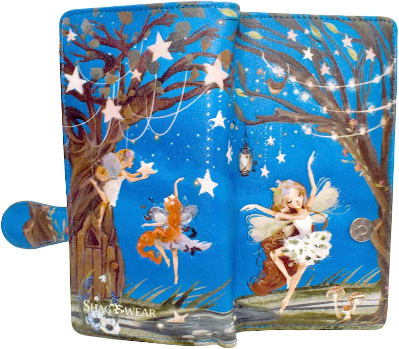 Shag Wear Fairy Forest Large Women’s Wallet, Vegan Faux Leather Bifold with Card Slots, Bill Compartments and Secure Snap Closure in Blue 7" - Image 2