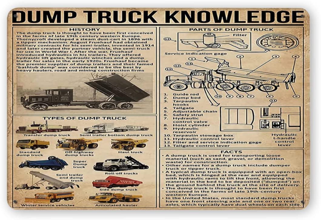 rayprint Dump Truck Infographics Tin Posters Dump Truck Knowledge Metal Signs Vintage Home Garage Decorative Plaques Driver Room Office Wall Decor 8x12inch
