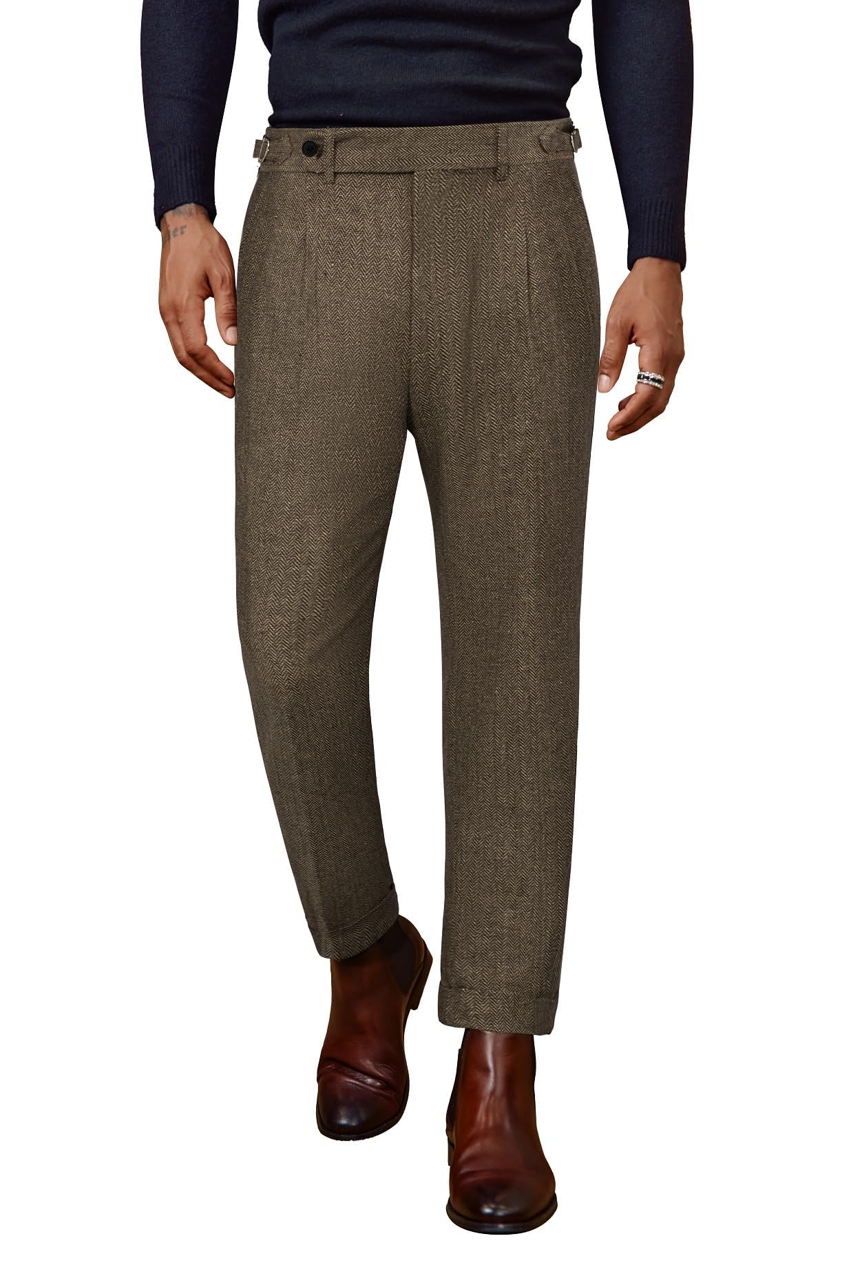pj paul jones Men Vintage Tweed Pants Herringbone Pleated Suit Trousers-picture-19