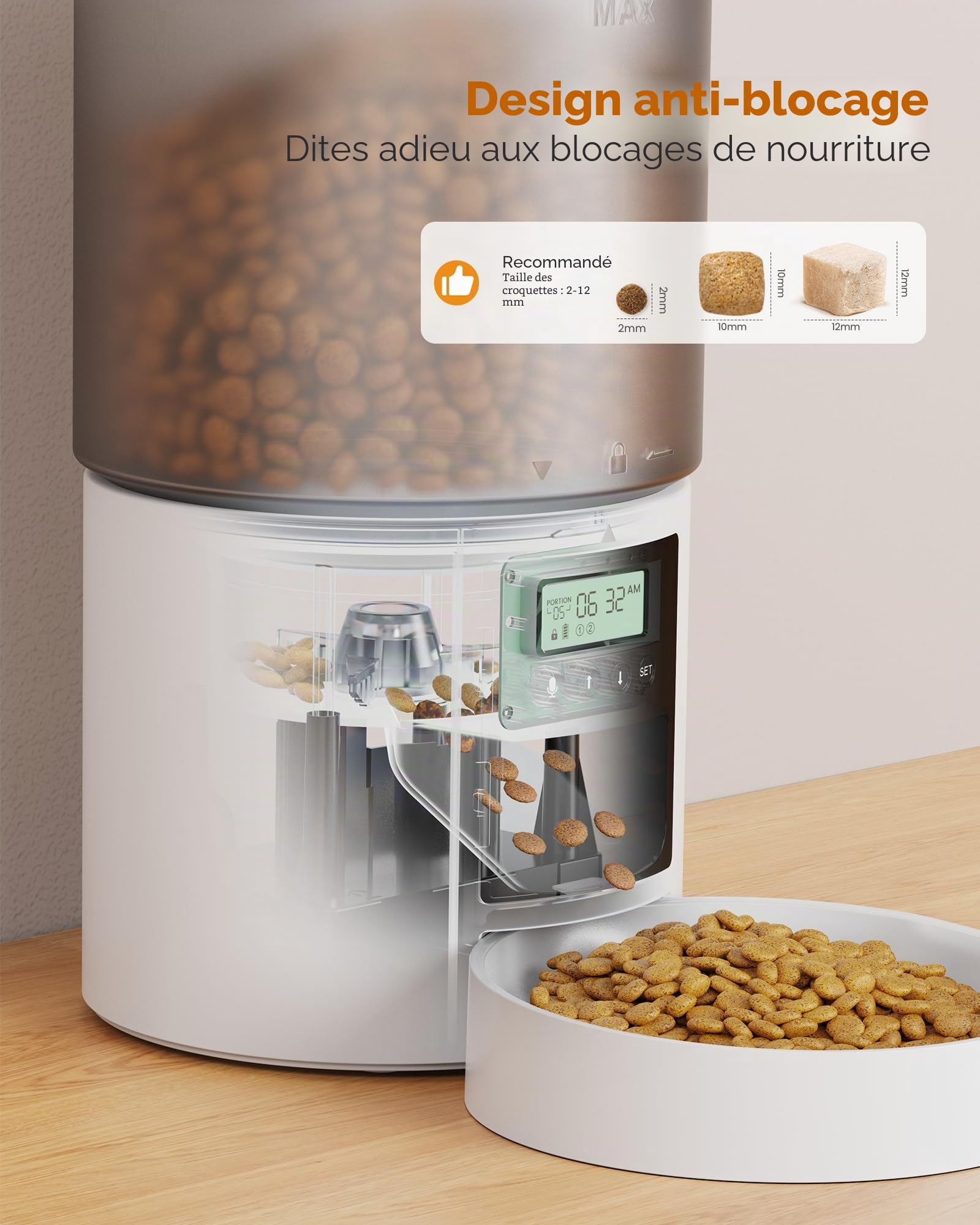 Distributeur Croquettes Chat Automatique: 4L Distributeur Croquettes Chat avec Minuterie Programmable - 1-6 Repas par Jour - avec Appuyez sur Le Couvercle et Fonction D'Enregistrement 10s Blanc