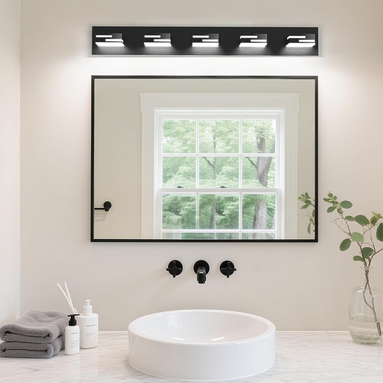 LED Modern Bathroom Vanity Light Fixtures, 5-Light 34-inch Dimmable Matte Black Vanity Lights for Bathroom Lighting Fixtures Over Mirror, with 360° Rotatable Acrylic Heads (Cool White 6000K)