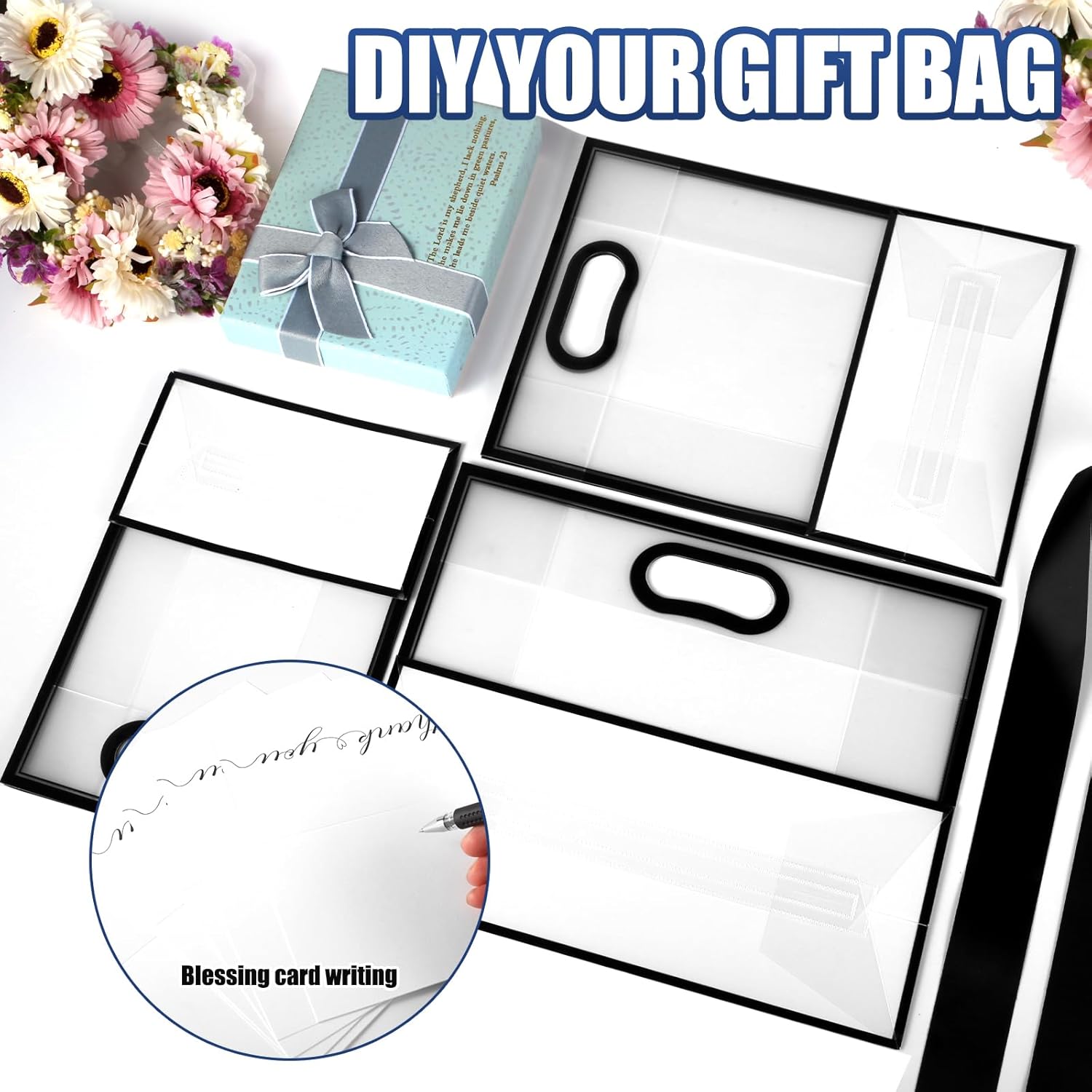 GAWBYET 24 Pcs Clear Plastic Gift Bags with Handles, Reusable Party Favor Bags With ribbons and cards for Mother's Day, Birthday, Wedding,Bachelorette Party,(7 x 10 x 3.15 Inch)