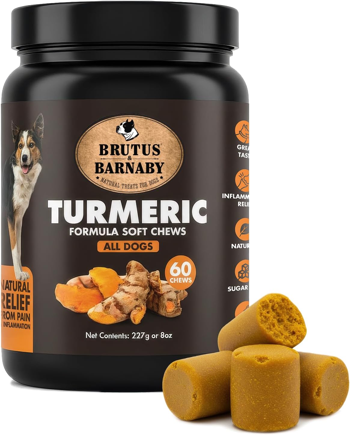 BRUTUS & BARNABY Turmeric for Dogs Anti Inflammatory Pain Relief – Curcumin for Dogs Chews with Collagen & Bioprene – Turmeric Supplement for Dogs Hips, Joint & Mobility Support (60 Count)