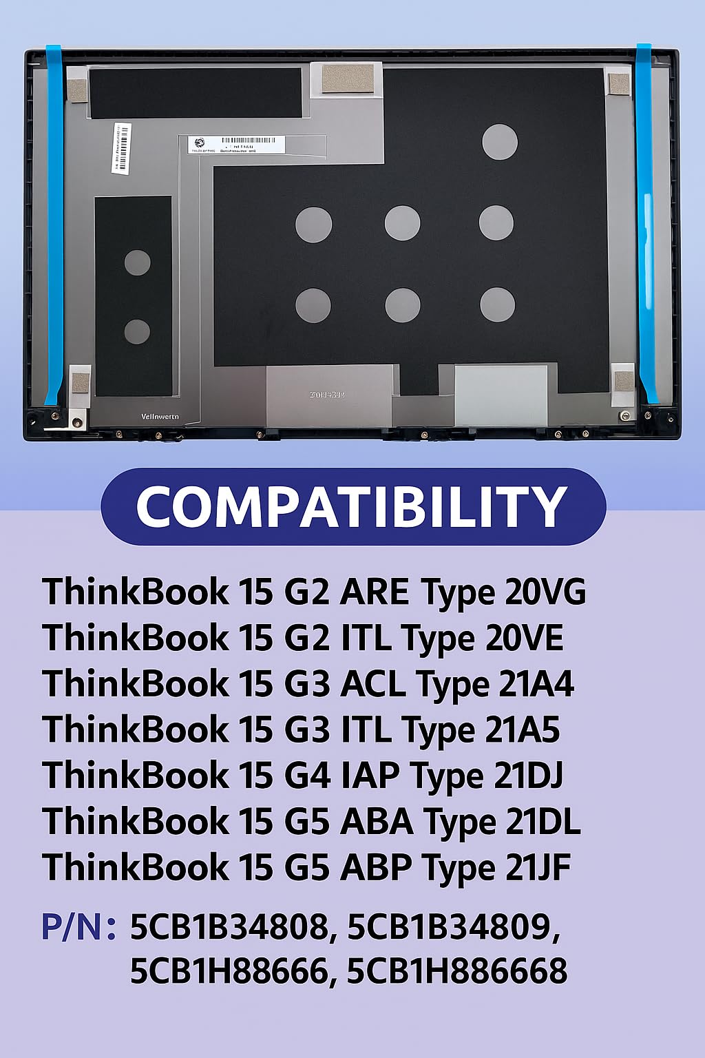 LCD Back Cover for Le Novo ThinkBook 15 G2 Are, 15 G2 ITL, 15 G3 ACL, 15 G3 ITL, 15 G4 IAP, 15 G4 ABA, 15 G5 IRL, 15 G5 ABP, 5CB1B34808, 5CB1B34809, 5CB1H88666, 5CB1H88667, 5CB1H88668