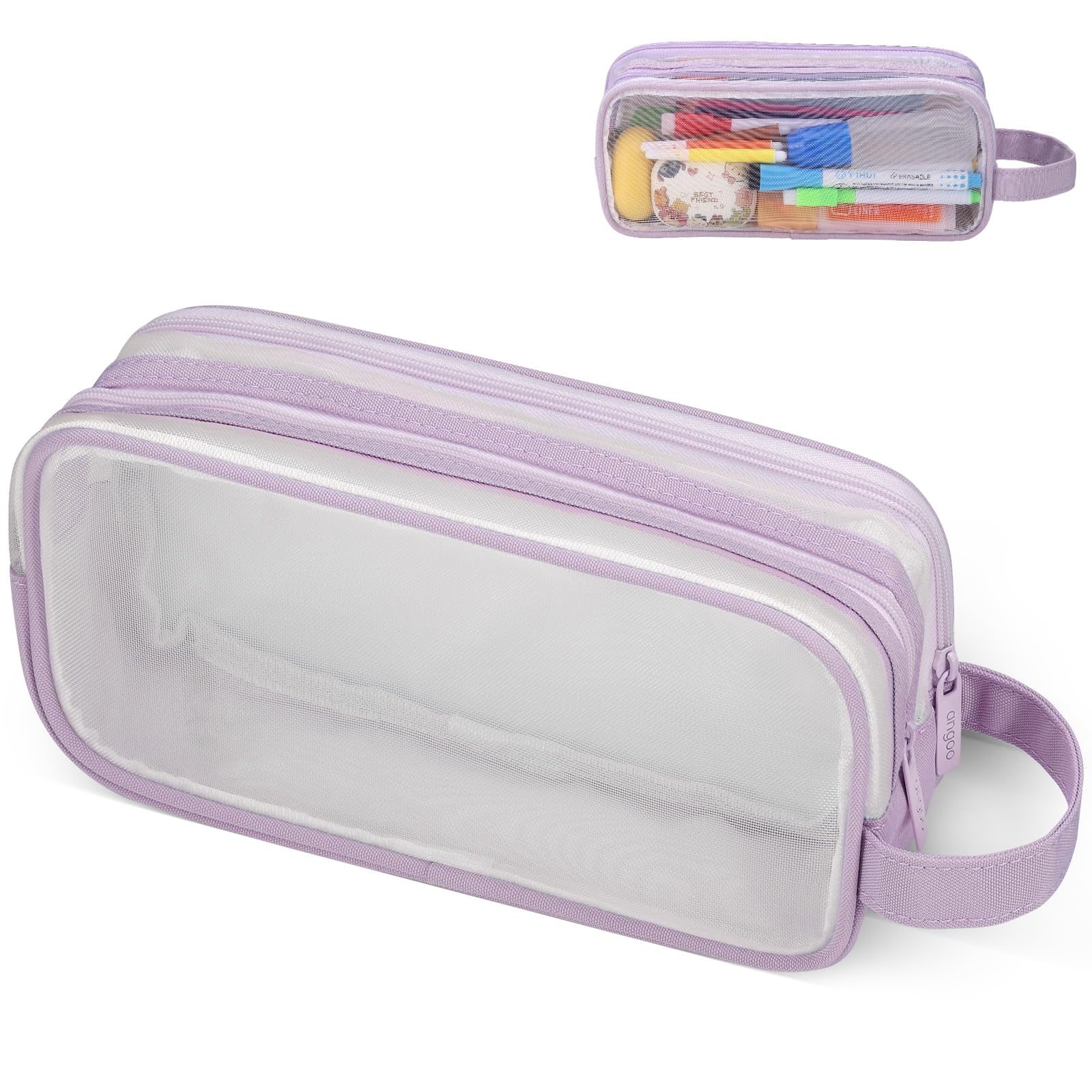JIANTA Estuche Escolar Grande Transparente Estuches 2 Compartimentos con Cremallera, Estuches de Lápices de Gran Estuches Escolares Adolescentes Estudiantes Adultos Oficina (Lila)