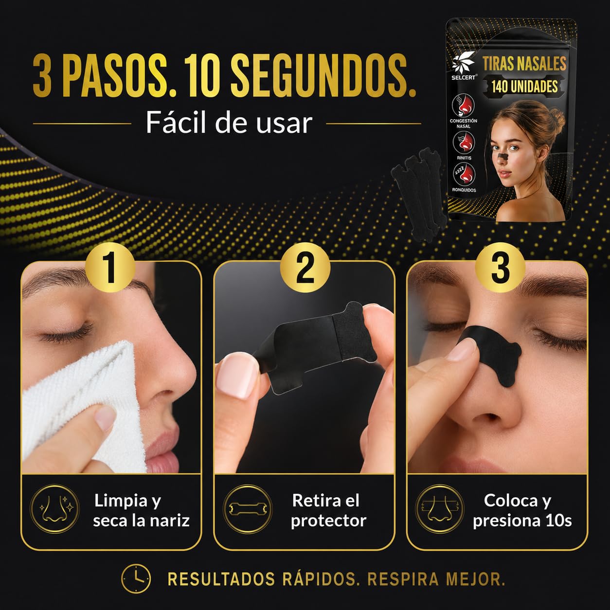 Tiras Nasales Antirronquidos x140 - Dilatador Nasal Negro para Dormir Mejor, Deporte y Congestión Nasal - Nasal Strips/Nose Strips, Adhesivo Fuerte