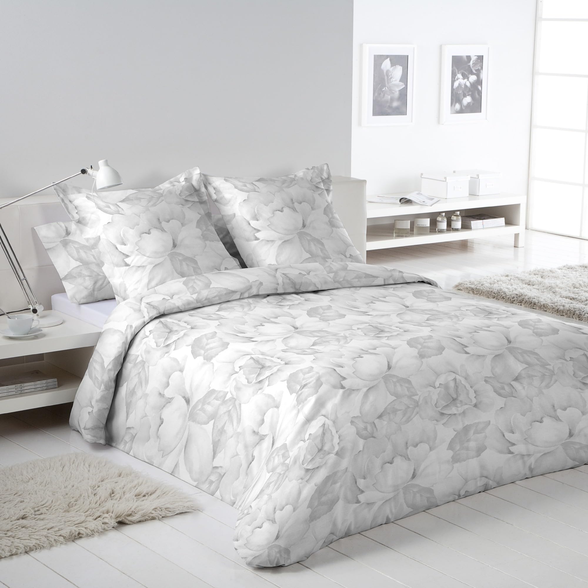 DHESTIA HOME Juego Funda Nórdica Floral 100% Algodón Cierre Botones Sandra Gris Color Gris Talla Cama 150/160