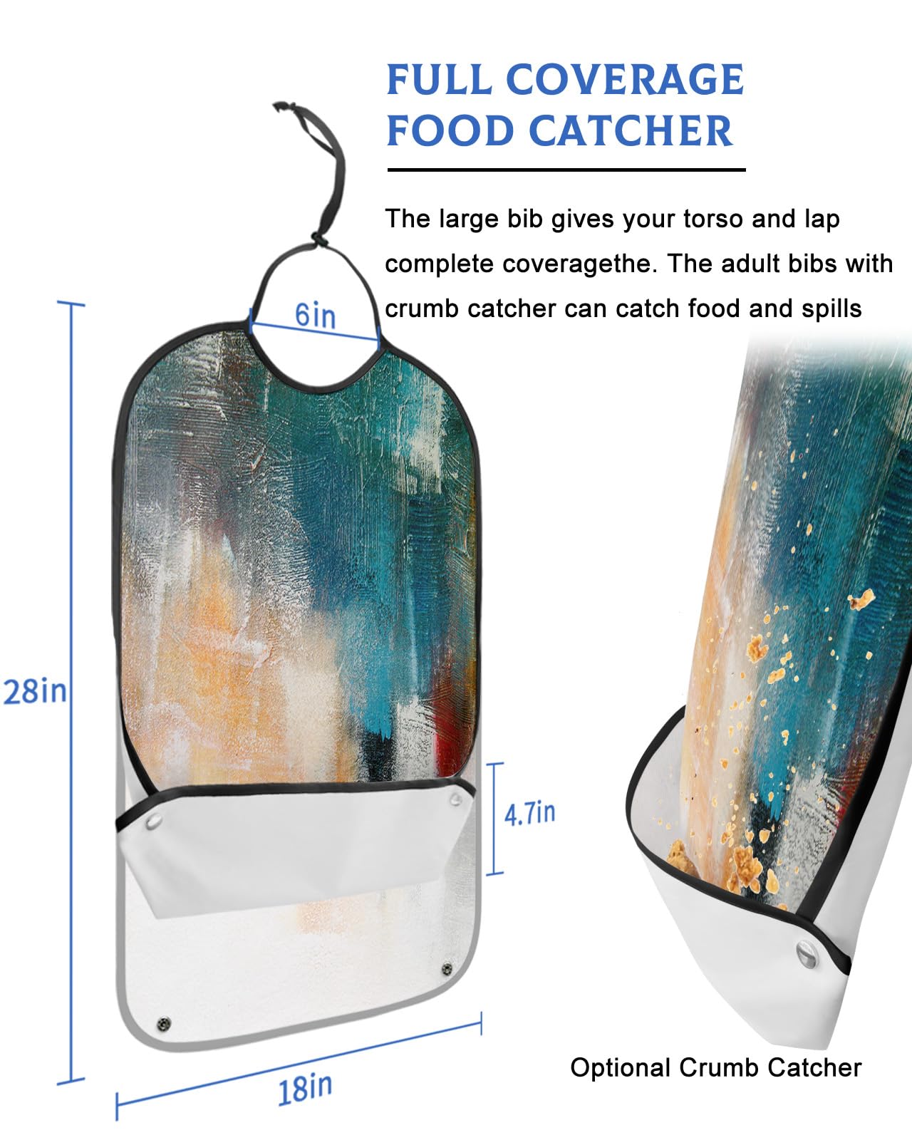 Turquoise Orange White Adult Bibs for Eating, Waterproof Bibs with Food Catcher & Adjustable Snap Closure, Modern Oil Painting Abstract Art Aesthetics Clothing Protectors Adult Bibs for Elderly