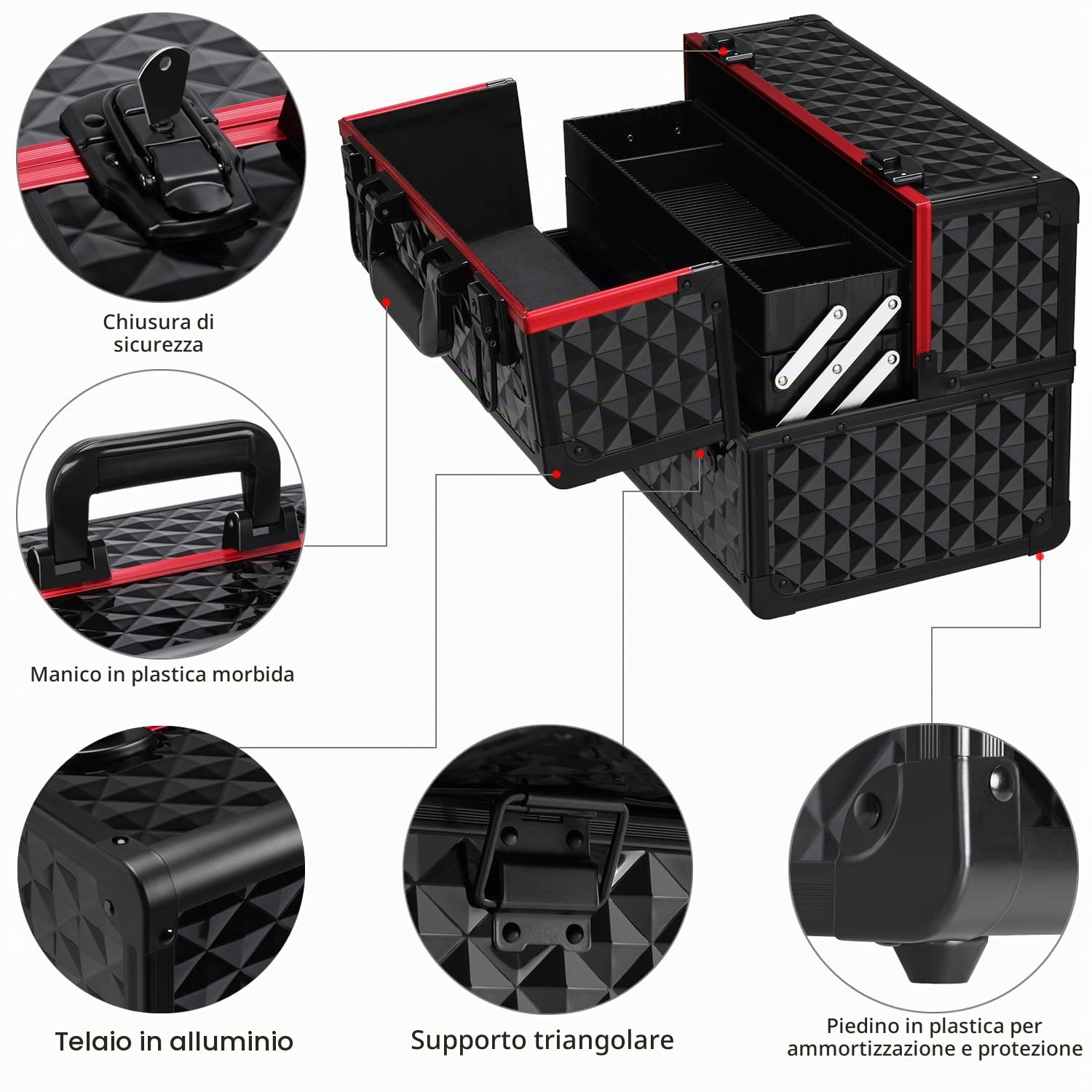 Valigetta Porta Trucchi Beauty Case Make Up da Viaggio Professionale Estetista Cosmetici Per Cosmetici Organizzatore 6 Vassoi Chiudibile Nero