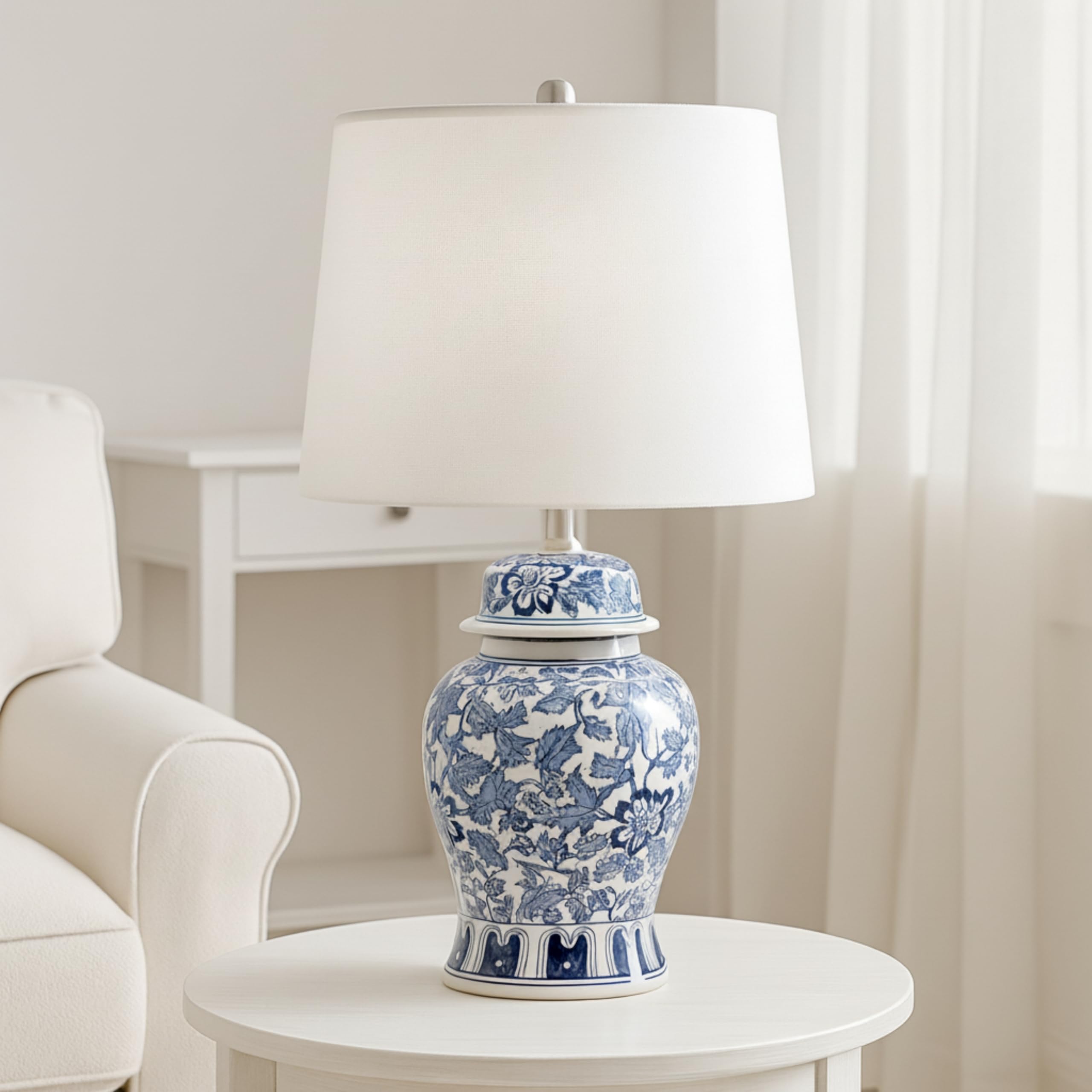 Temple Jar Accent Table Lamp with Blue & White Floral Pattern – Ceramic Stoneware Decorative Lamp with White Lampshade – Elegant Home Decor for Any